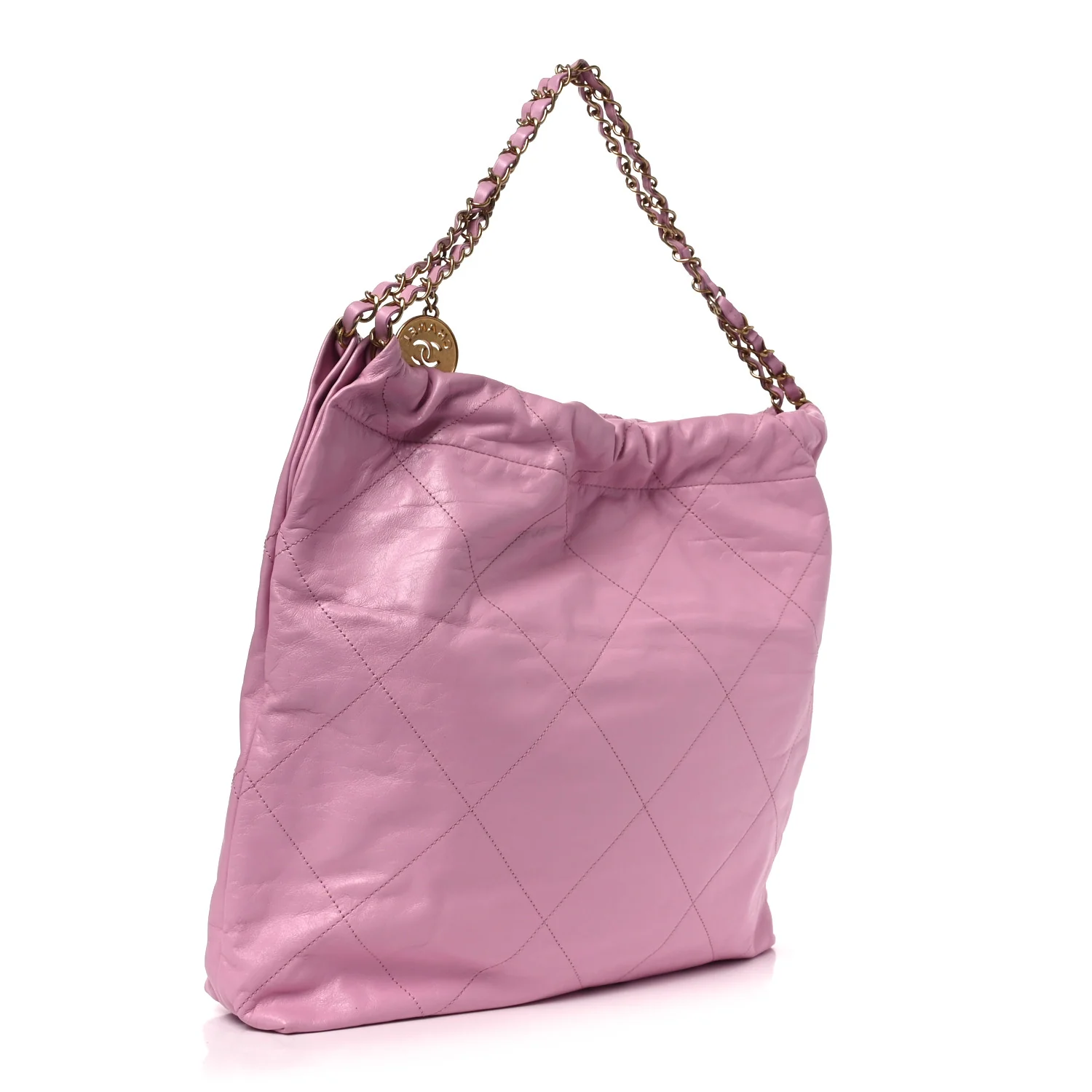 Shiny Calfskin Quilted Chanel 22 Drawstring Bag Pink - Image 4