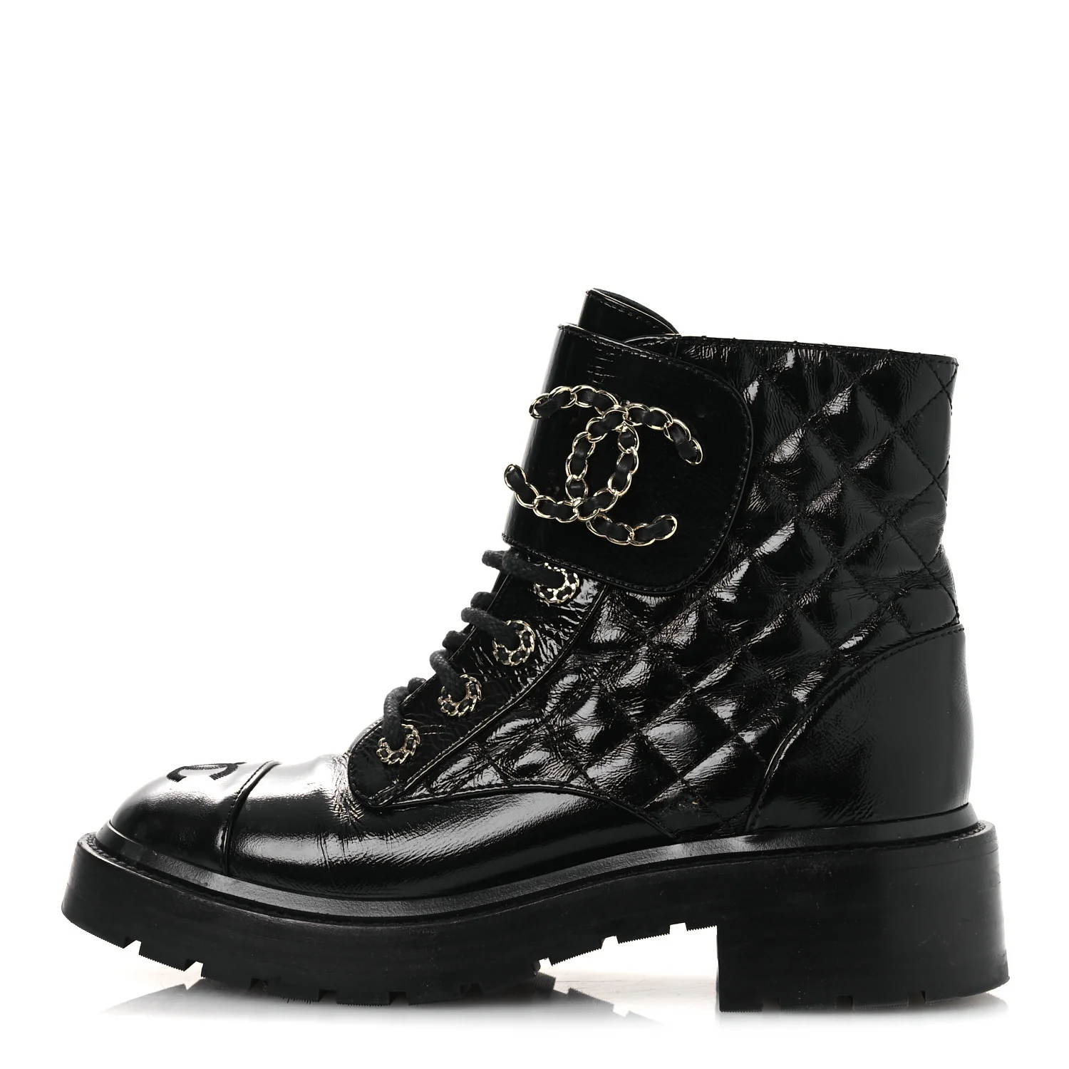 Shiny Calfskin Quilted Lace Up Combat Boots 37 Black - Image 2
