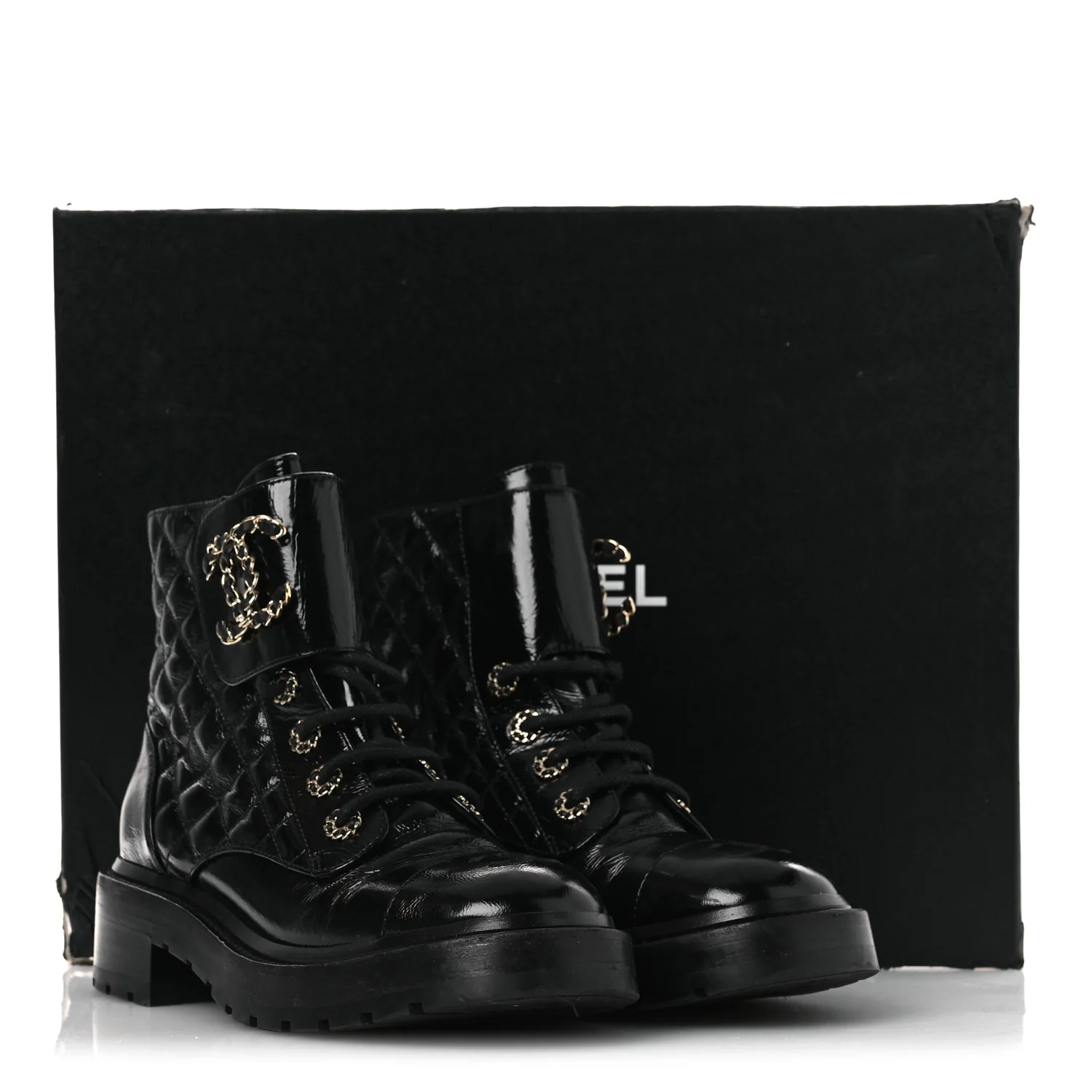Shiny Calfskin Quilted Lace Up Combat Boots 37 Black - Image 27