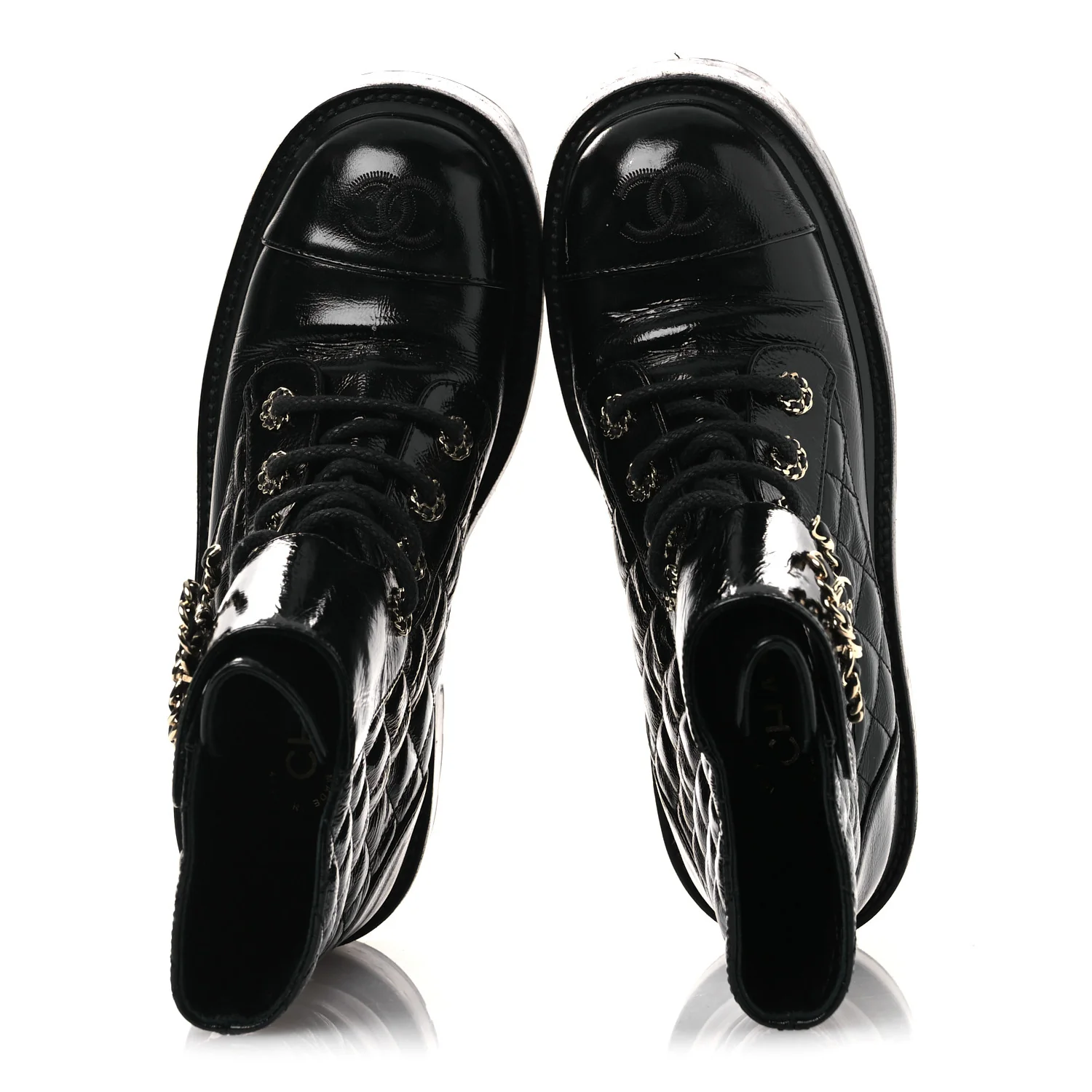Shiny Calfskin Quilted Lace Up Combat Boots 37 Black - Image 3