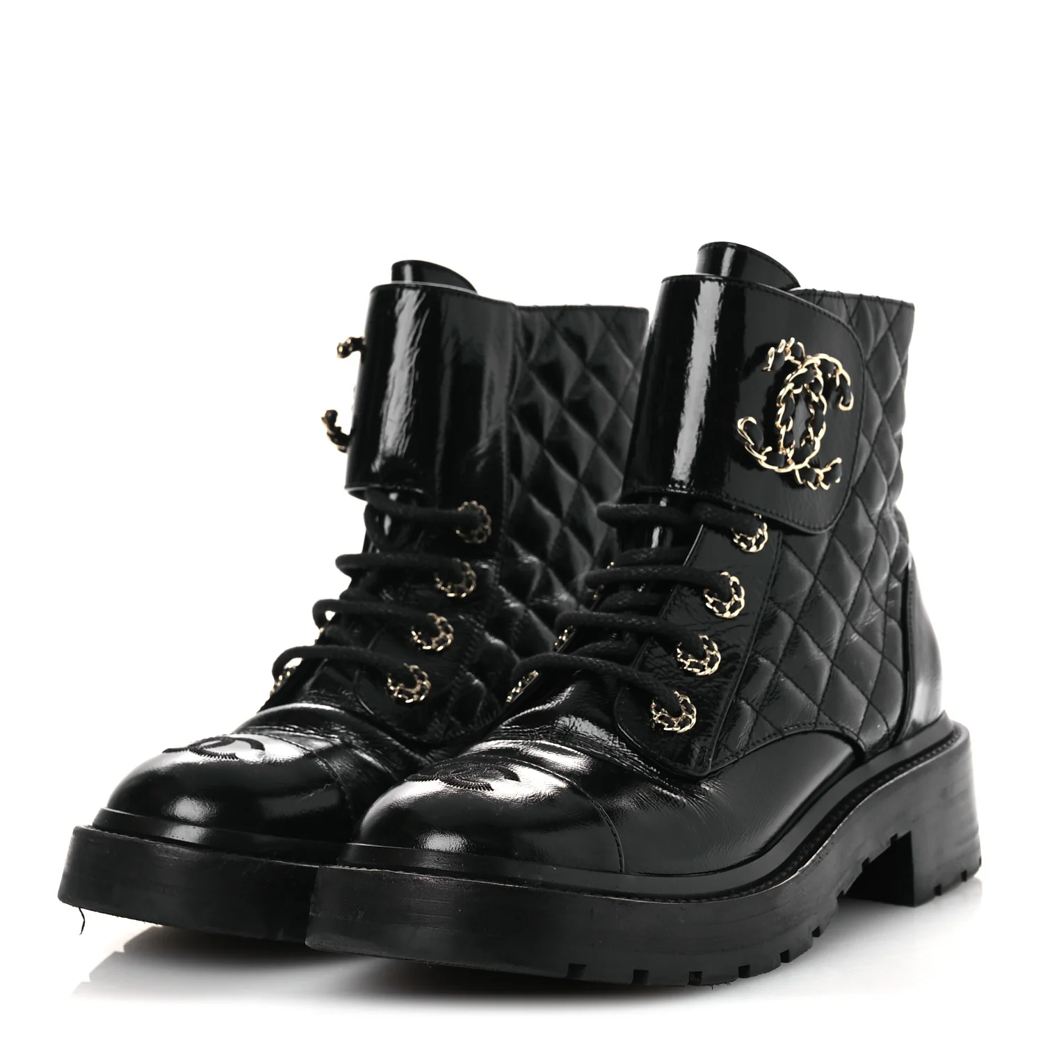Shiny Calfskin Quilted Lace Up Combat Boots 37 Black - Image 7