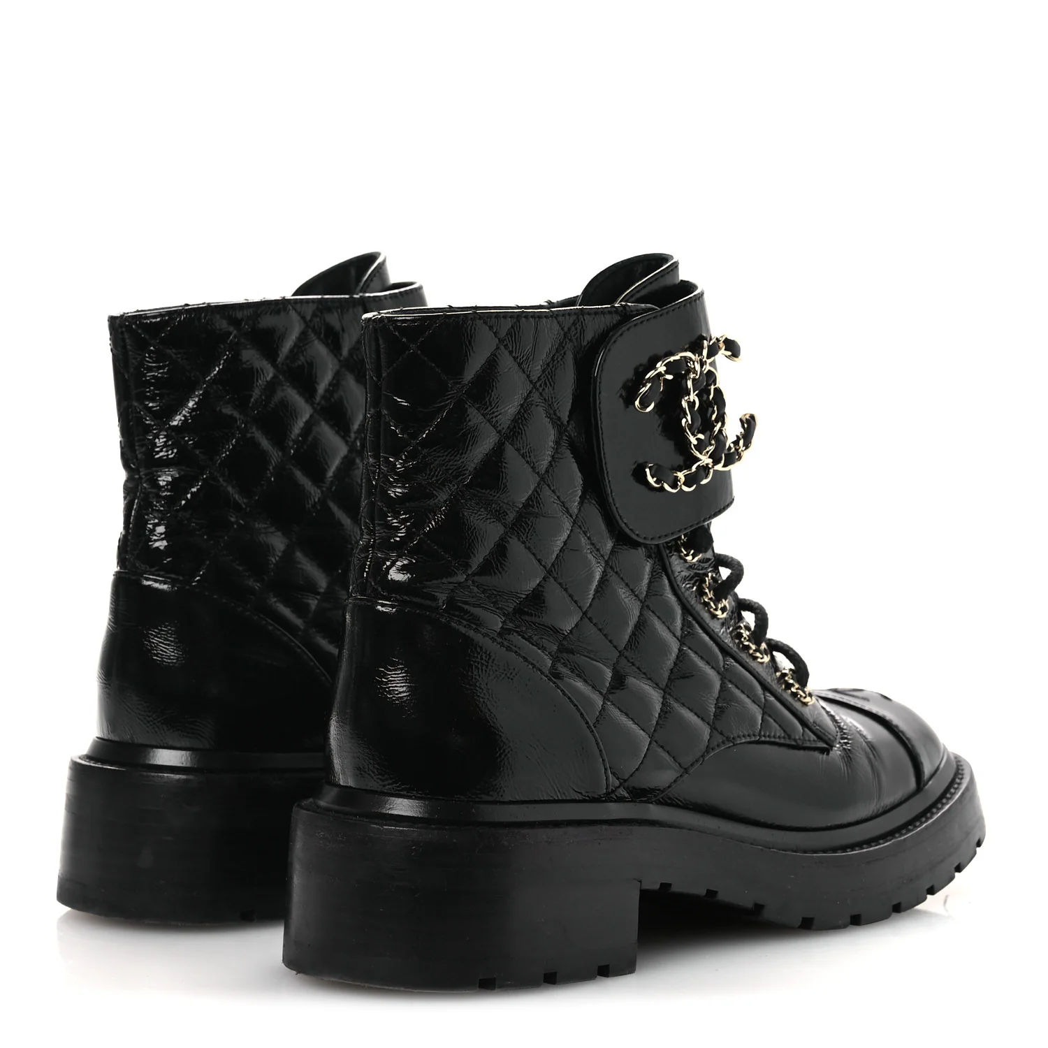 Shiny Calfskin Quilted Lace Up Combat Boots 37 Black - Image 9