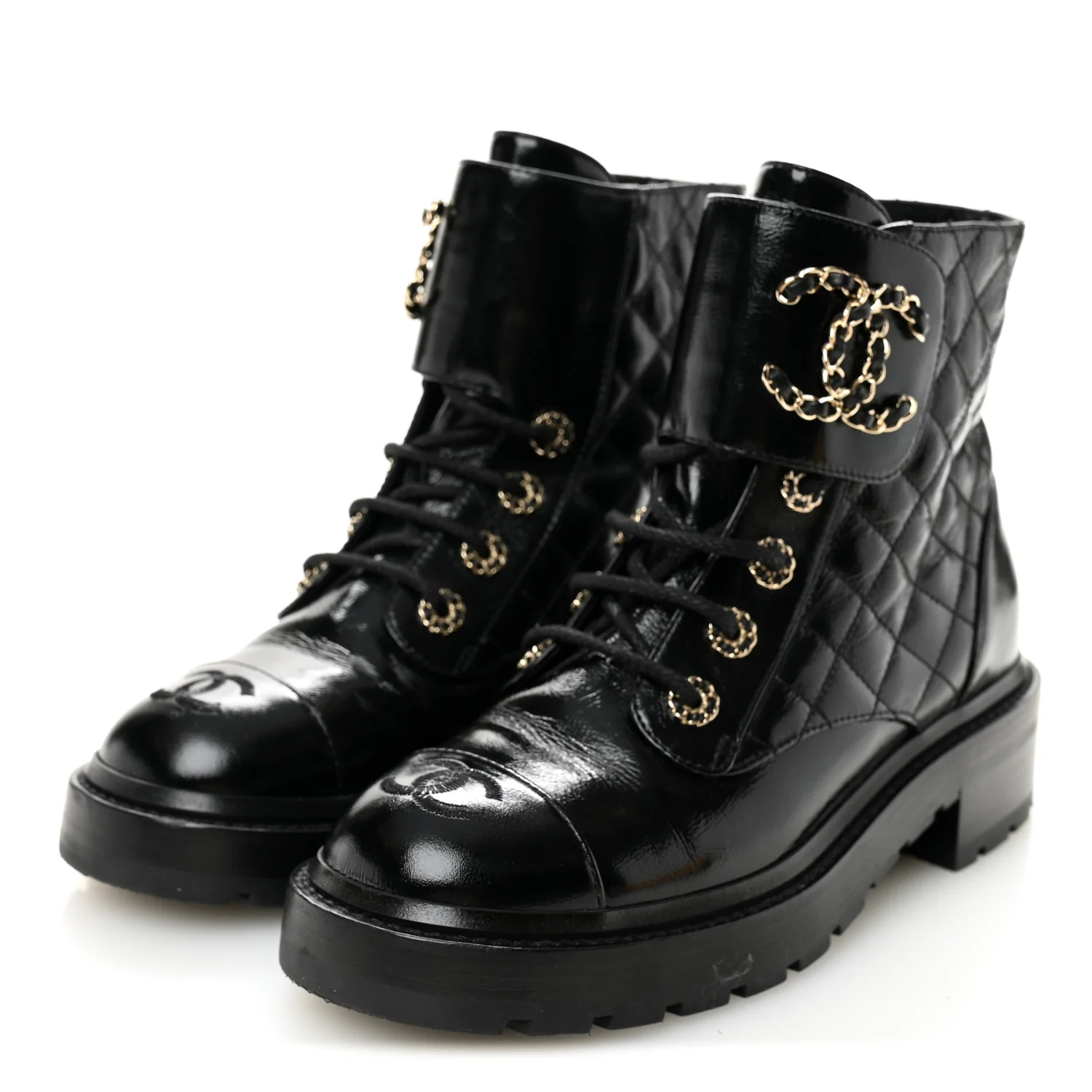 Shiny Calfskin Quilted Lace Up Combat Boots 37.5 Black - Image 3