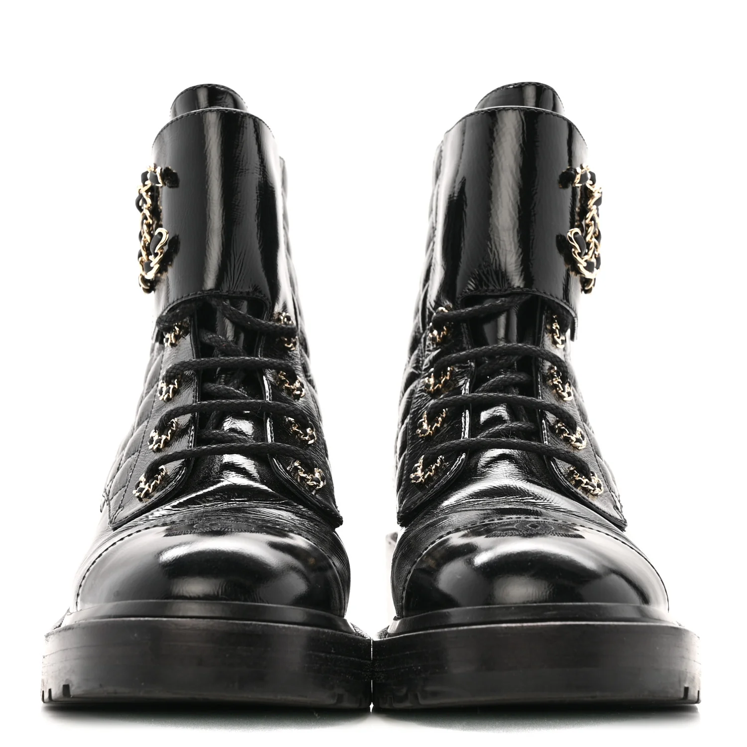 Shiny Calfskin Quilted Lace Up Combat Boots 39 Black - Image 3