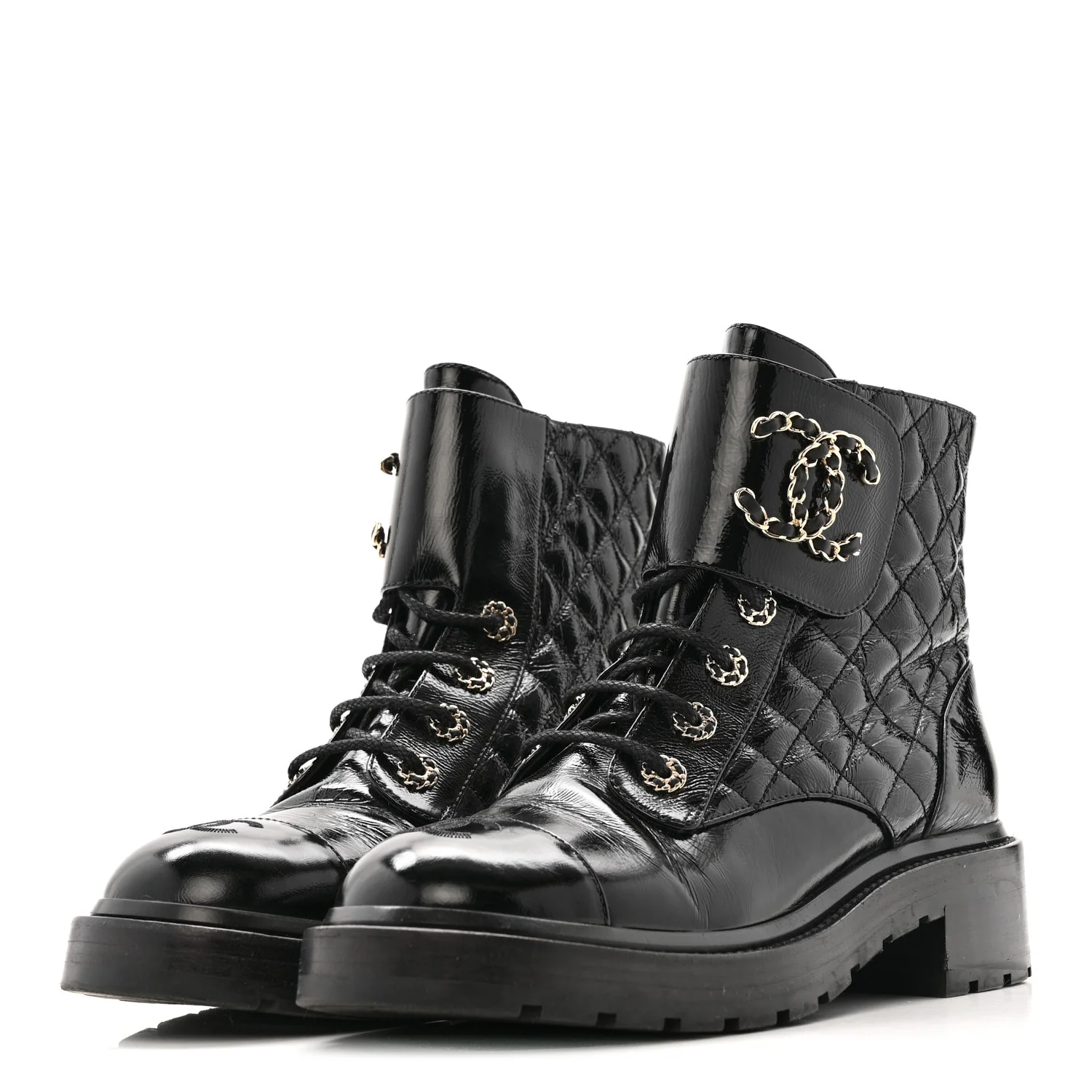 Shiny Calfskin Quilted Lace Up Combat Boots 39 Black - Image 4