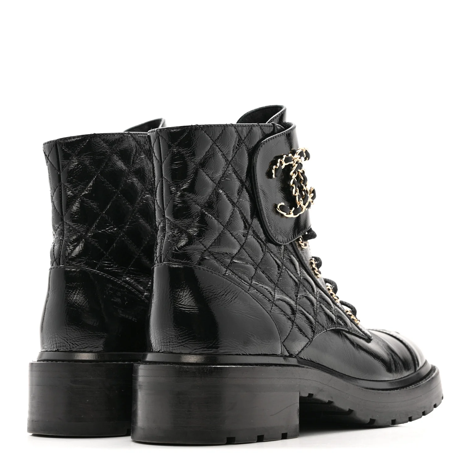 Shiny Calfskin Quilted Lace Up Combat Boots 39 Black - Image 5