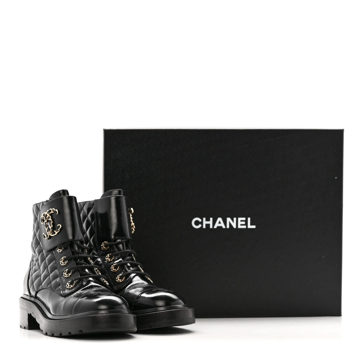 Shiny Calfskin Quilted Lace Up Combat Boots 39 Black - Image 9