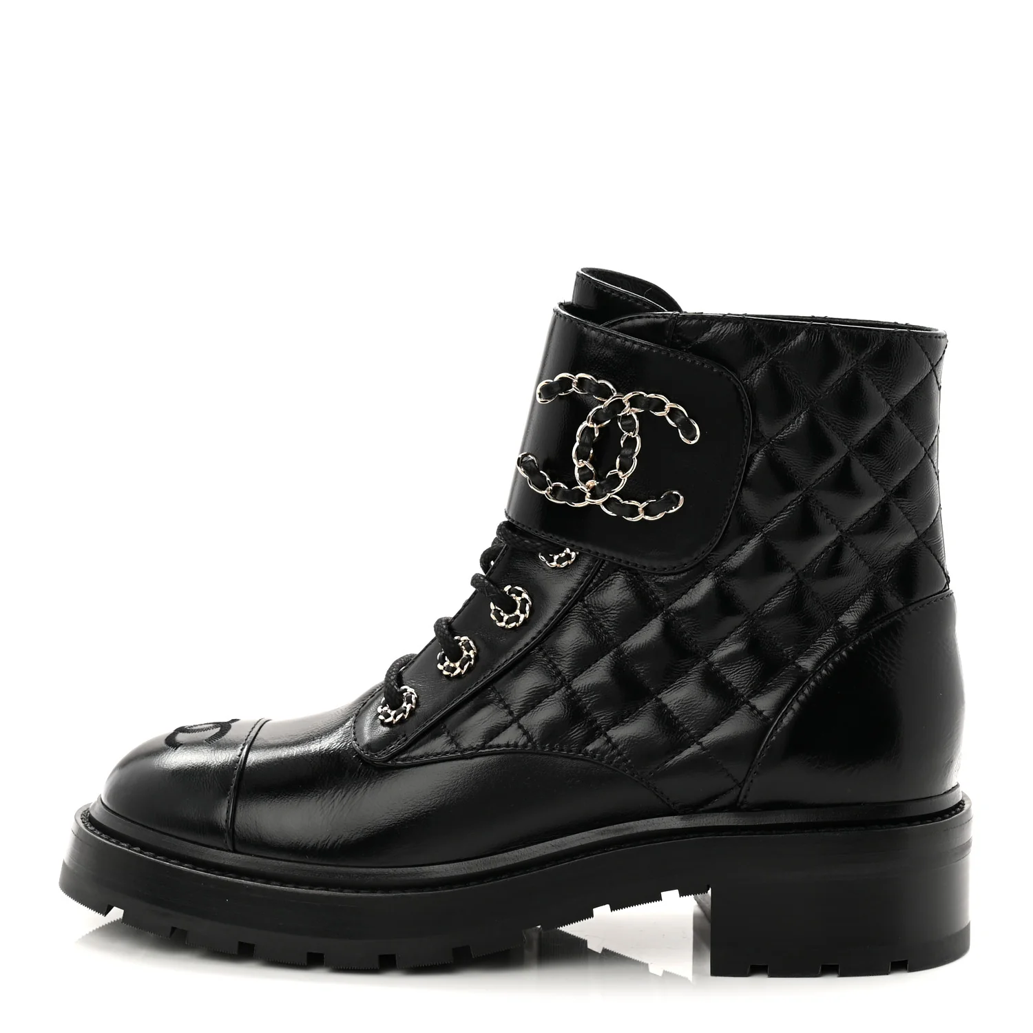 Shiny Calfskin Quilted Lace Up Combat Boots 39 Black
