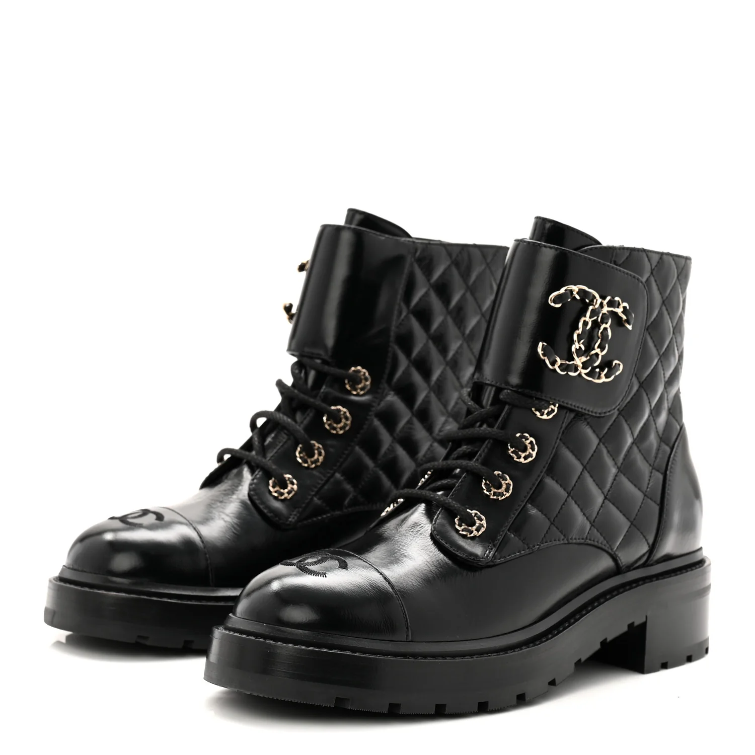 Shiny Calfskin Quilted Lace Up Combat Boots 39 Black - Image 3