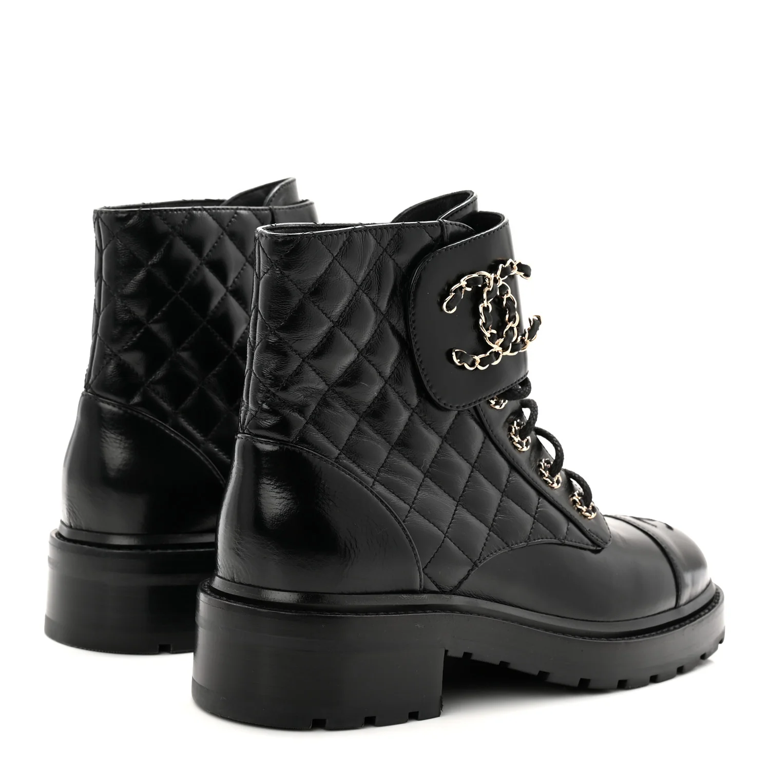 Shiny Calfskin Quilted Lace Up Combat Boots 39 Black - Image 4