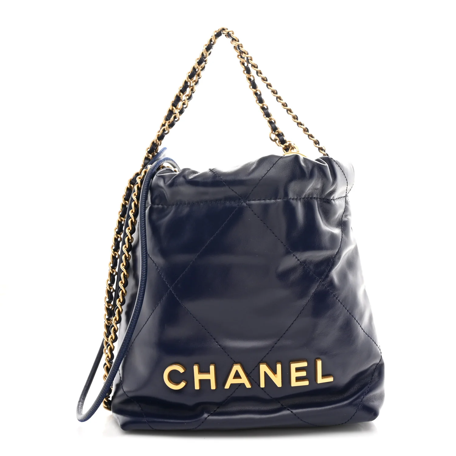Shiny Calfskin Quilted Mini Chanel 22 Navy Blue