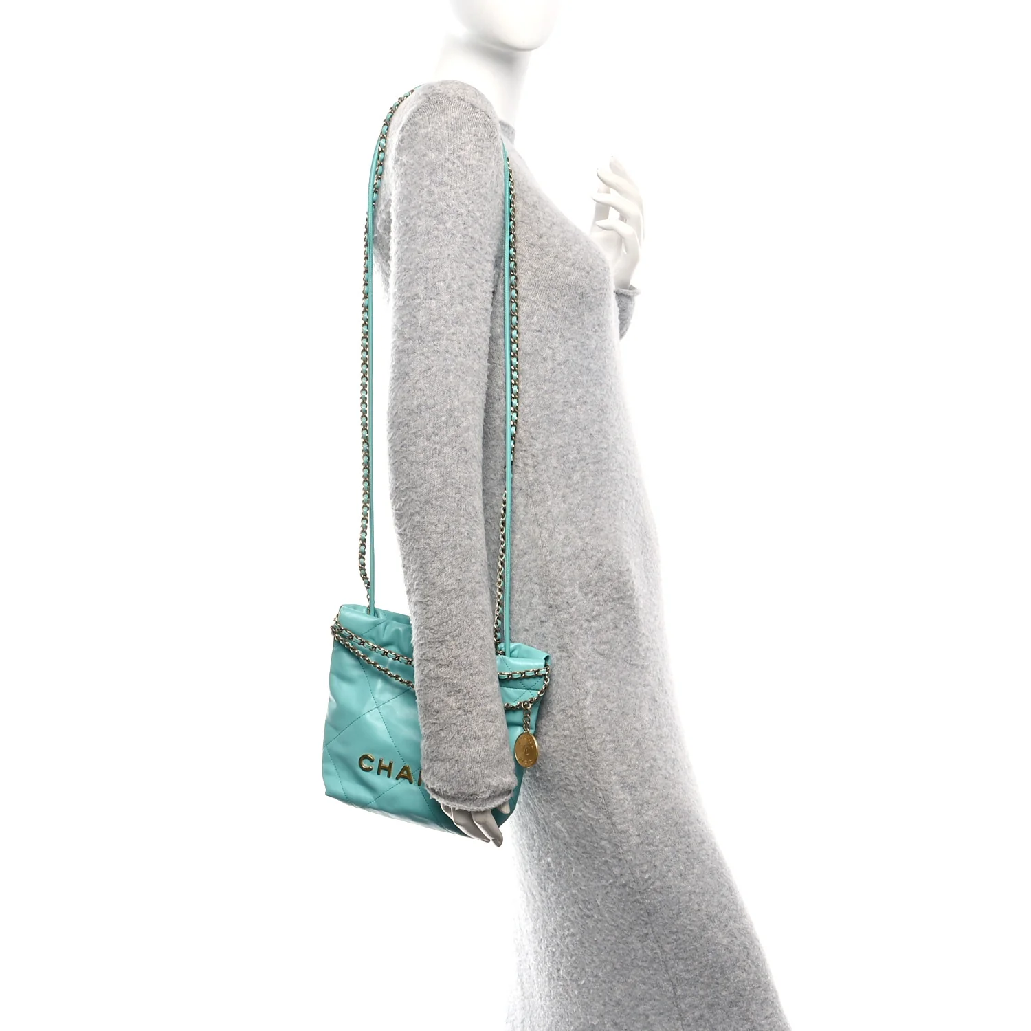 Shiny Calfskin Quilted Mini Chanel 22 Turquoise - Image 2
