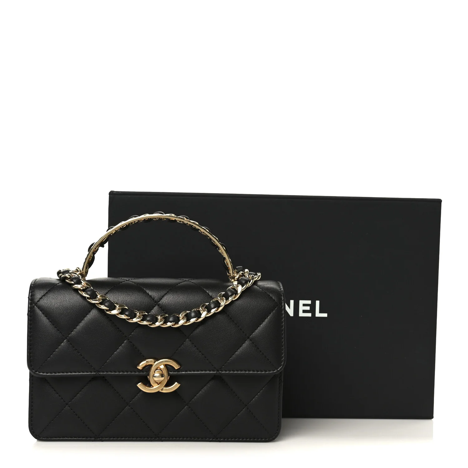 Shiny Calfskin Quilted Mini Metal Top Handle Flap Black - Image 12