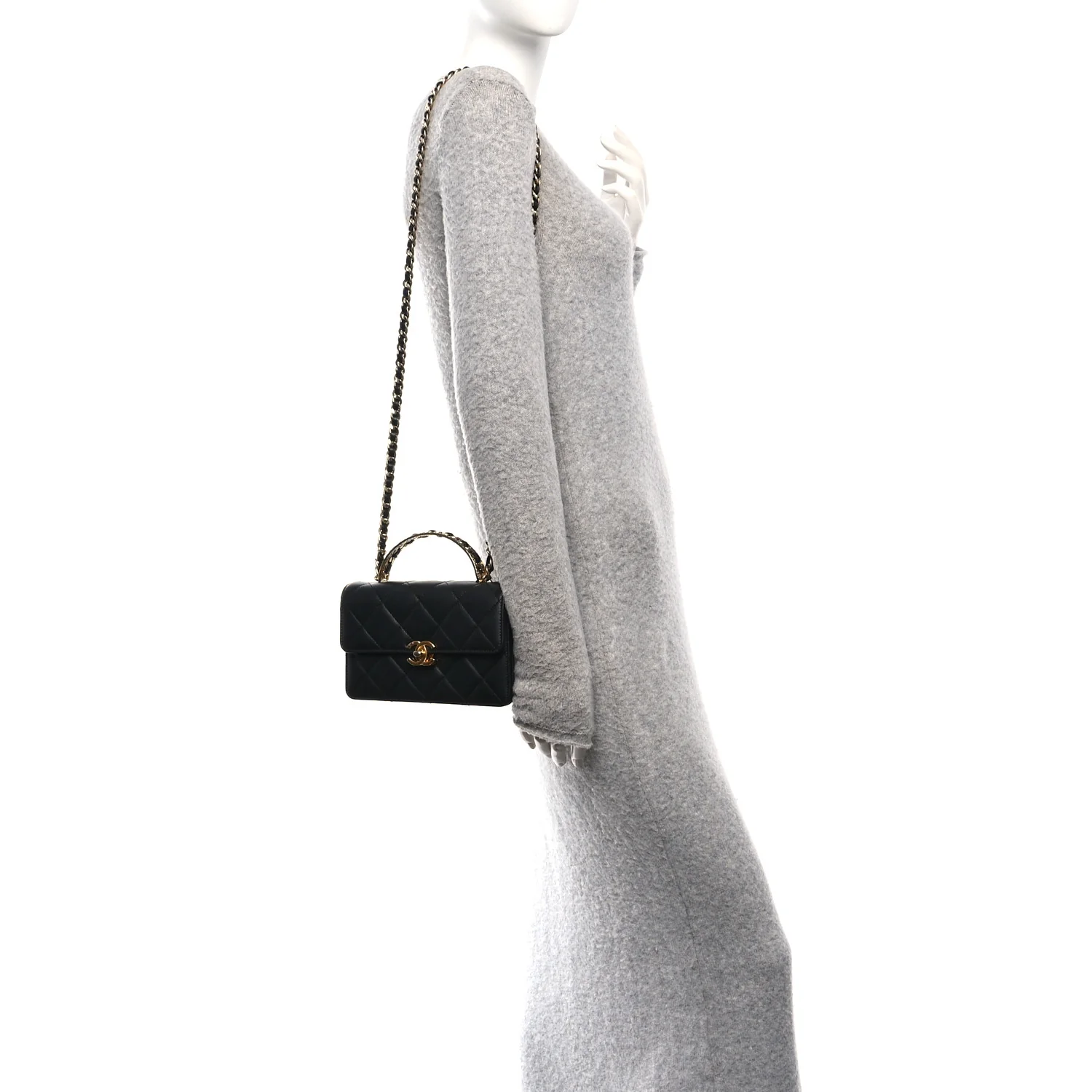Shiny Calfskin Quilted Mini Metal Top Handle Flap Black - Image 2
