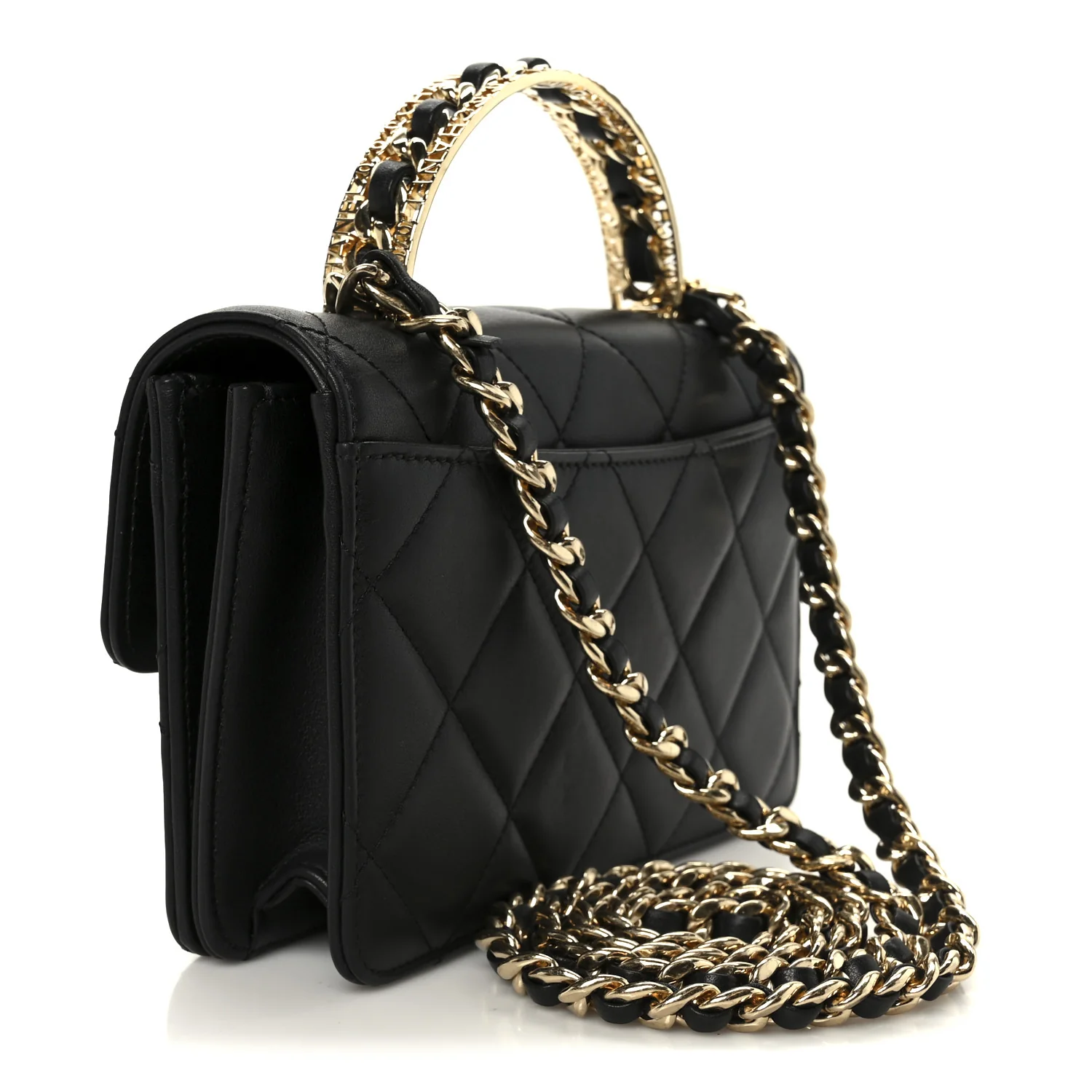 Shiny Calfskin Quilted Mini Metal Top Handle Flap Black - Image 3