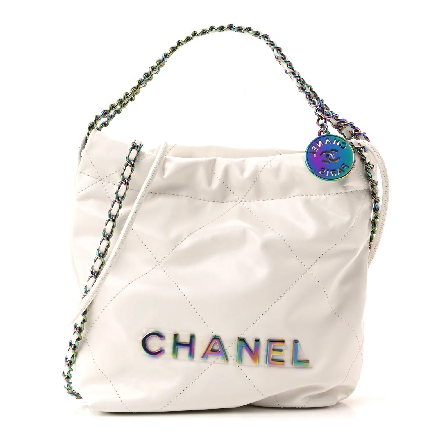 Shiny Calfskin Quilted Rainbow Mini Chanel 22 White