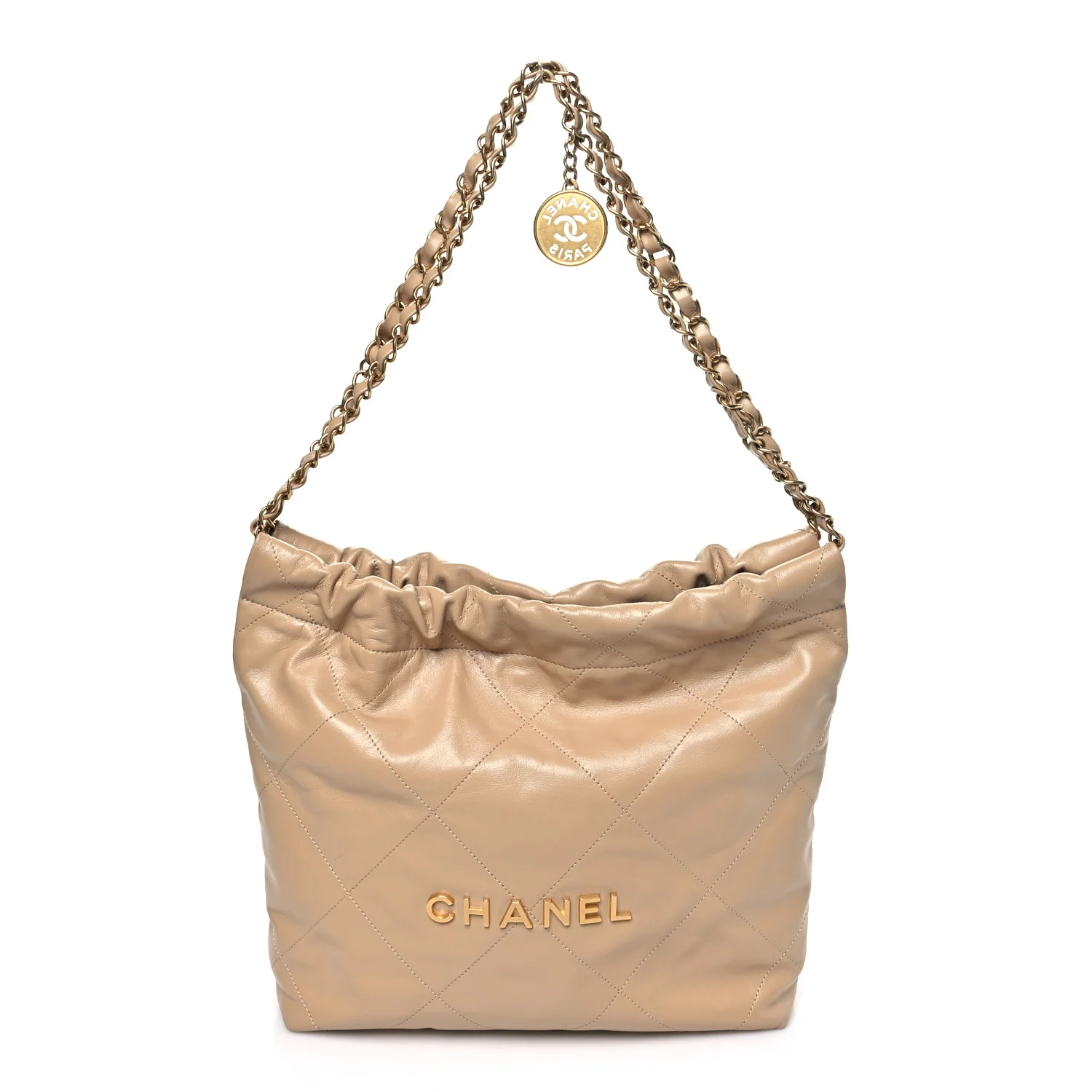Shiny Calfskin Quilted Small Chanel 22 Beige