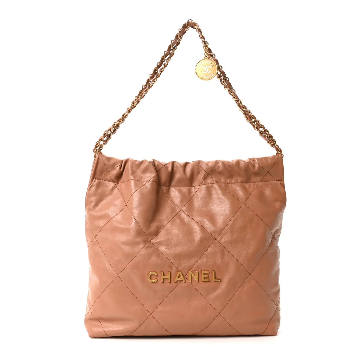 Shiny Calfskin Quilted Small Chanel 22 Camel