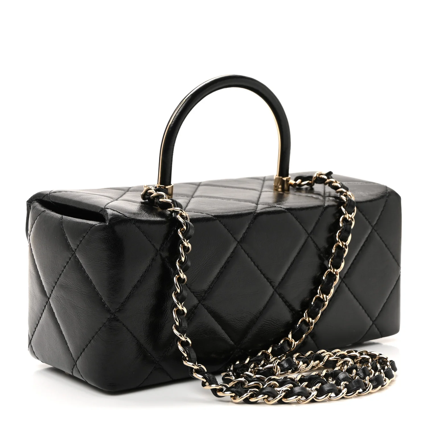 Shiny Calfskin Quilted Top Handle Box Bag Black - Image 5