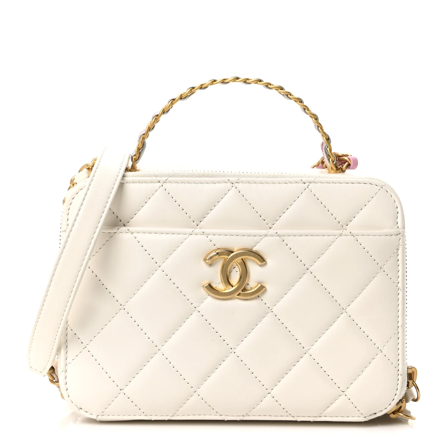 Shiny Calfskin Quilted Top Handle Vanity Case White