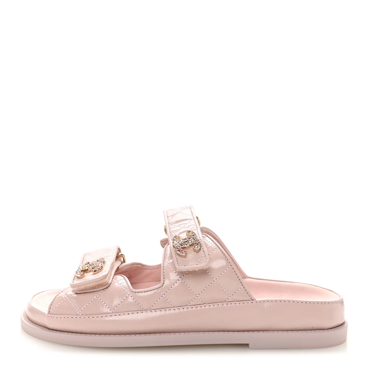 Shiny Calfskin Quilted Velcro Dad Crystal CC Slide Sandals 37 Light Pink