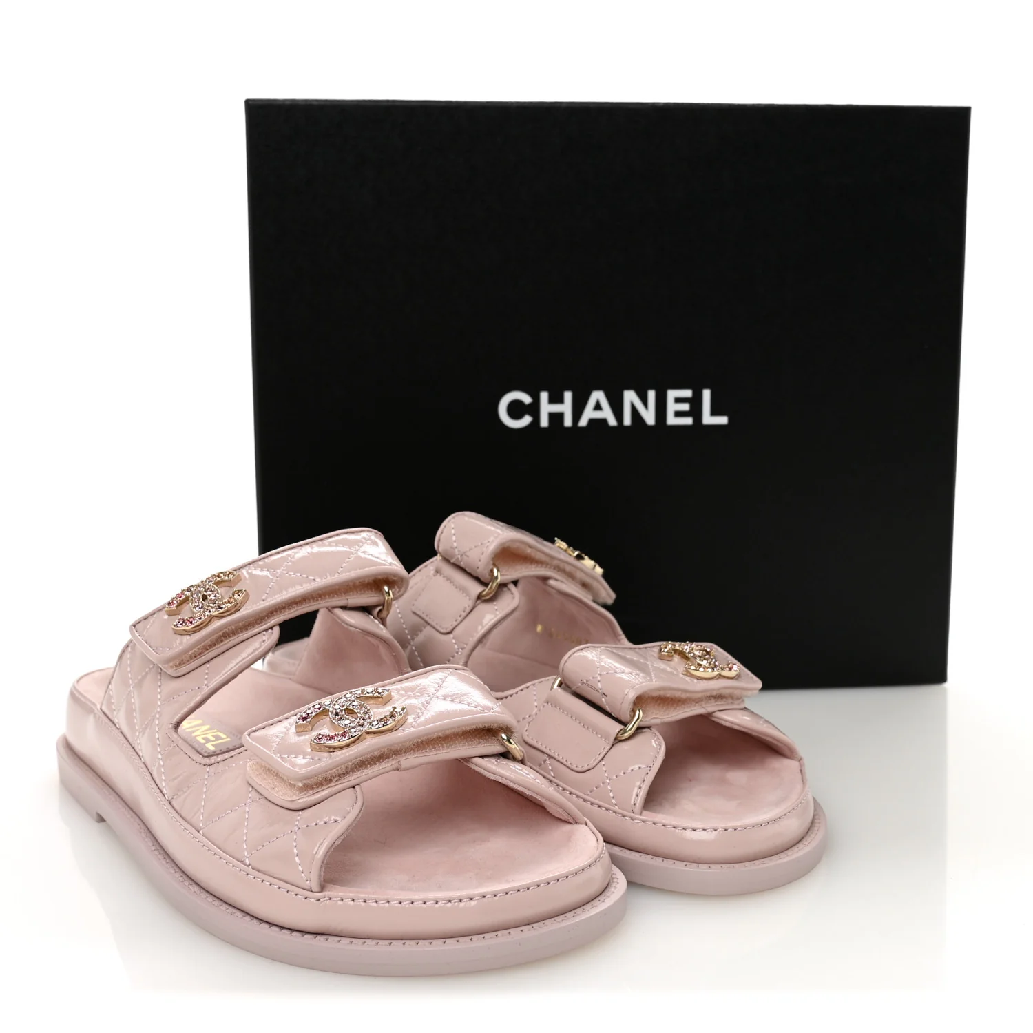 Shiny Calfskin Quilted Velcro Dad Crystal CC Slide Sandals 37 Light Pink - Image 11