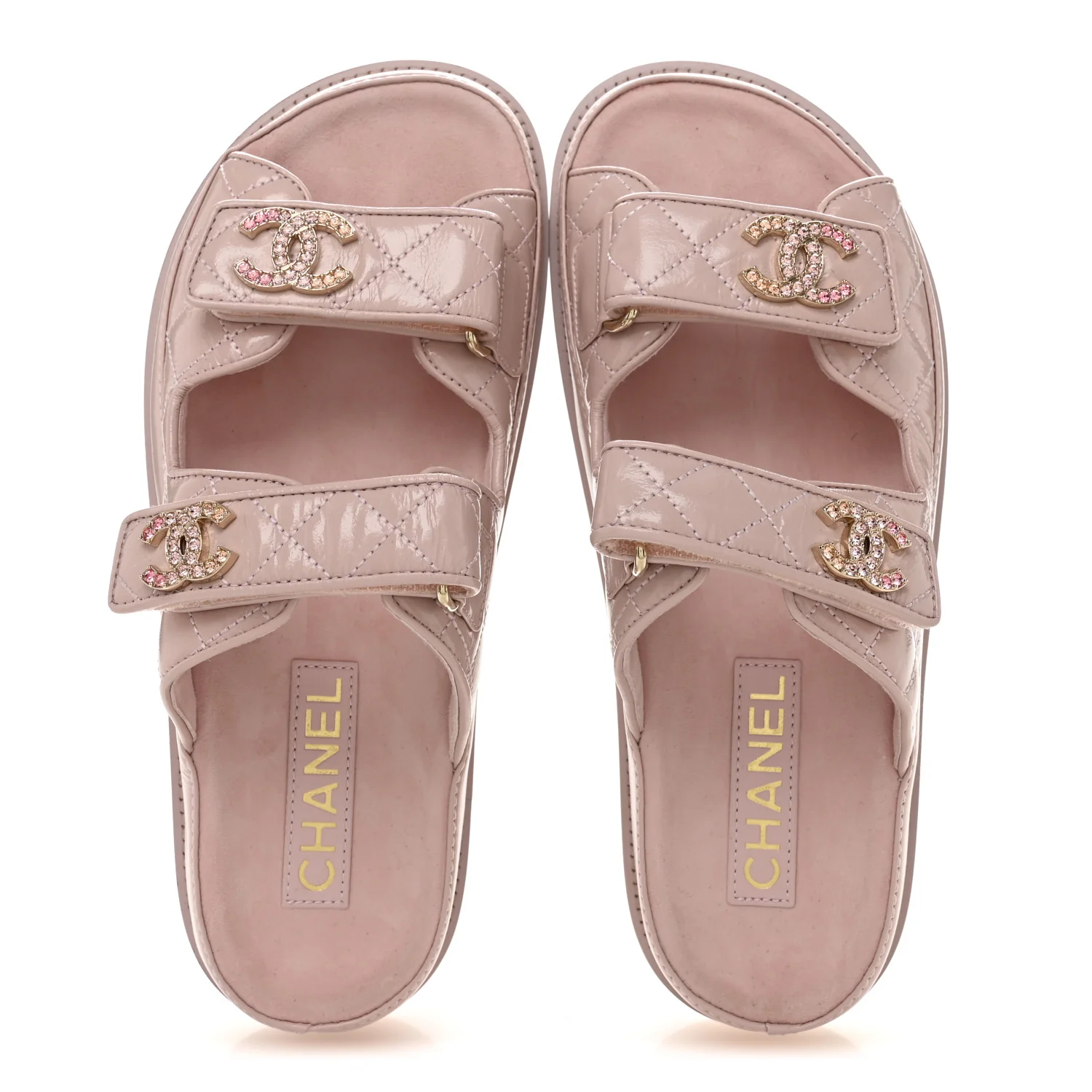 Shiny Calfskin Quilted Velcro Dad Crystal CC Slide Sandals 37 Light Pink - Image 2