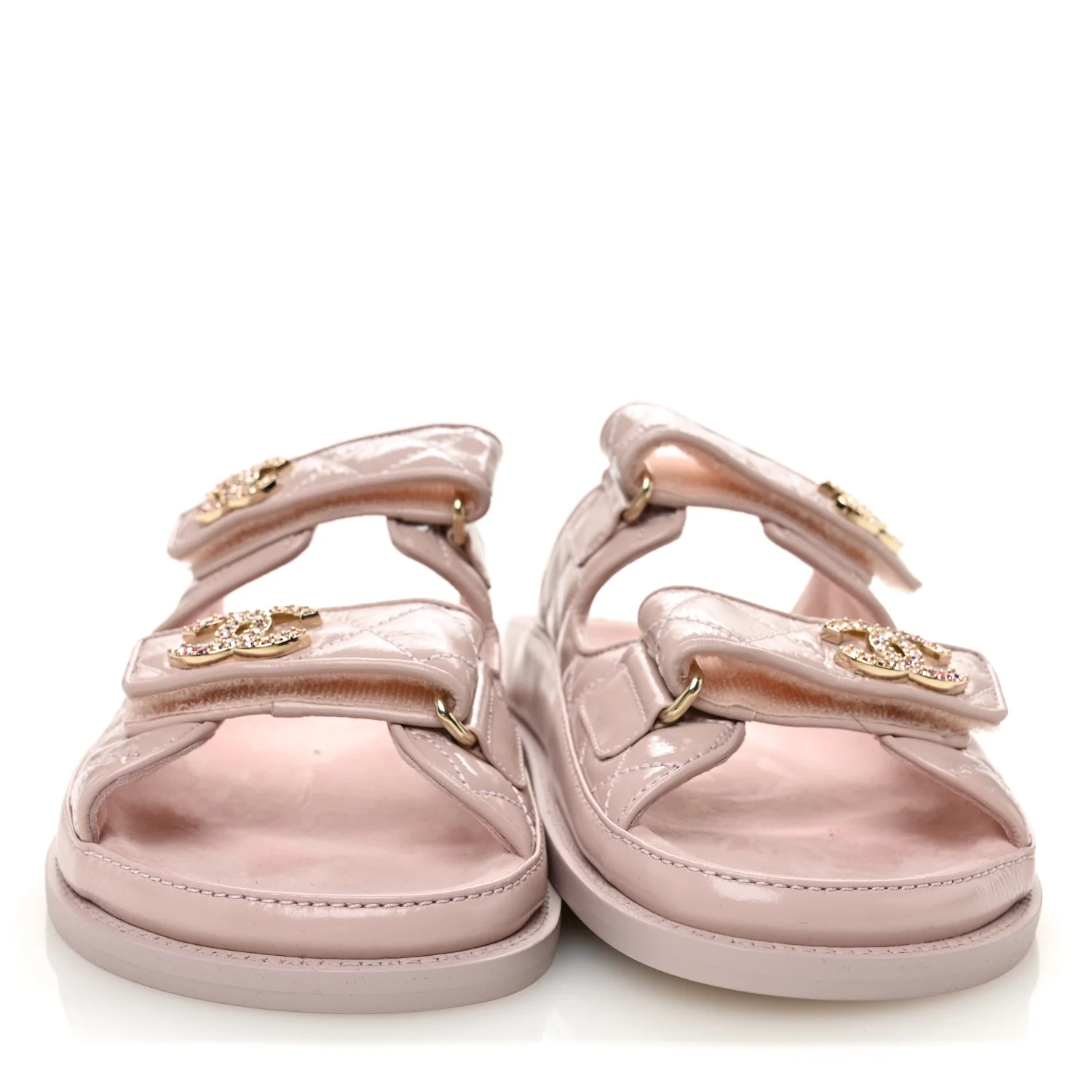 Shiny Calfskin Quilted Velcro Dad Crystal CC Slide Sandals 37 Light Pink - Image 3