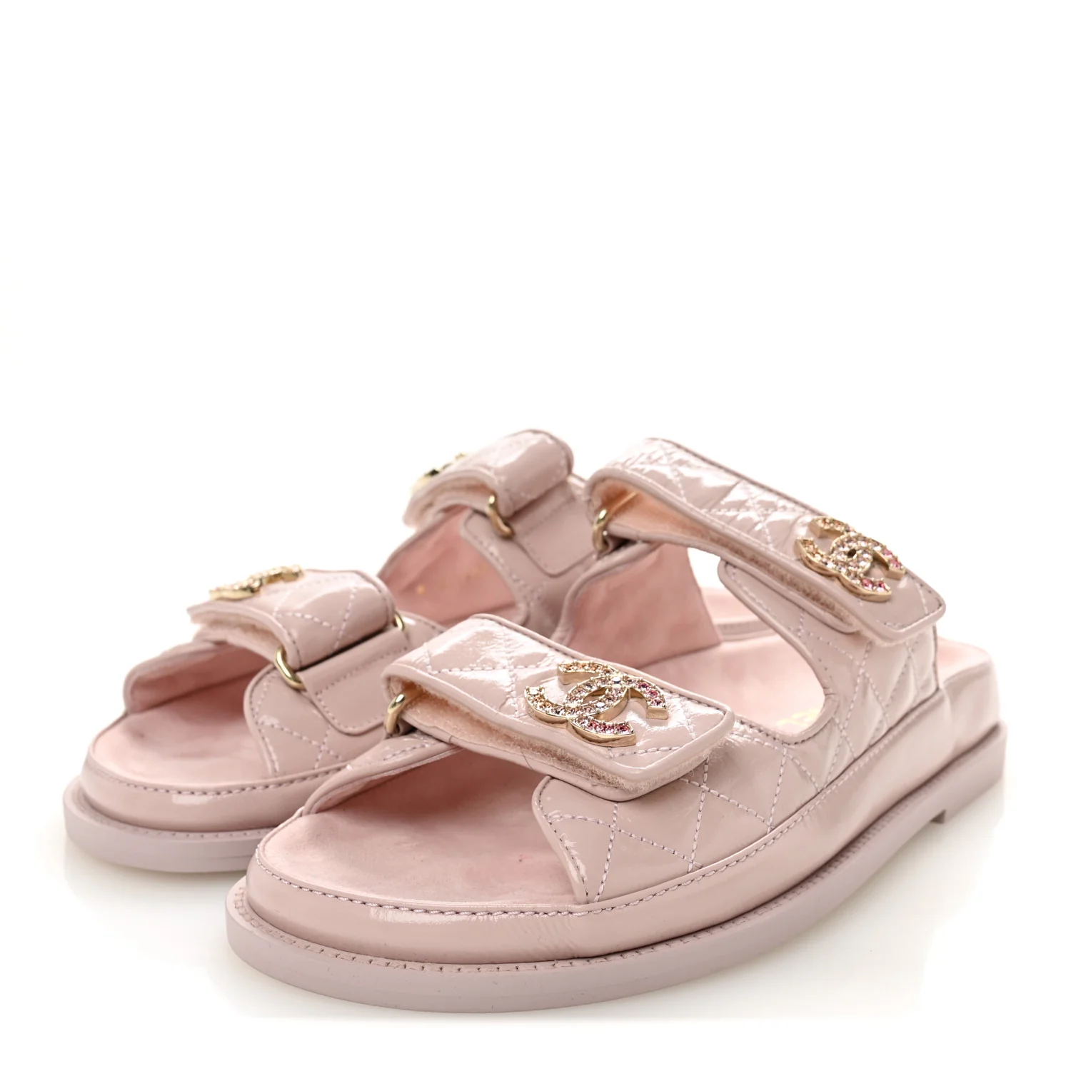 Shiny Calfskin Quilted Velcro Dad Crystal CC Slide Sandals 37 Light Pink - Image 4