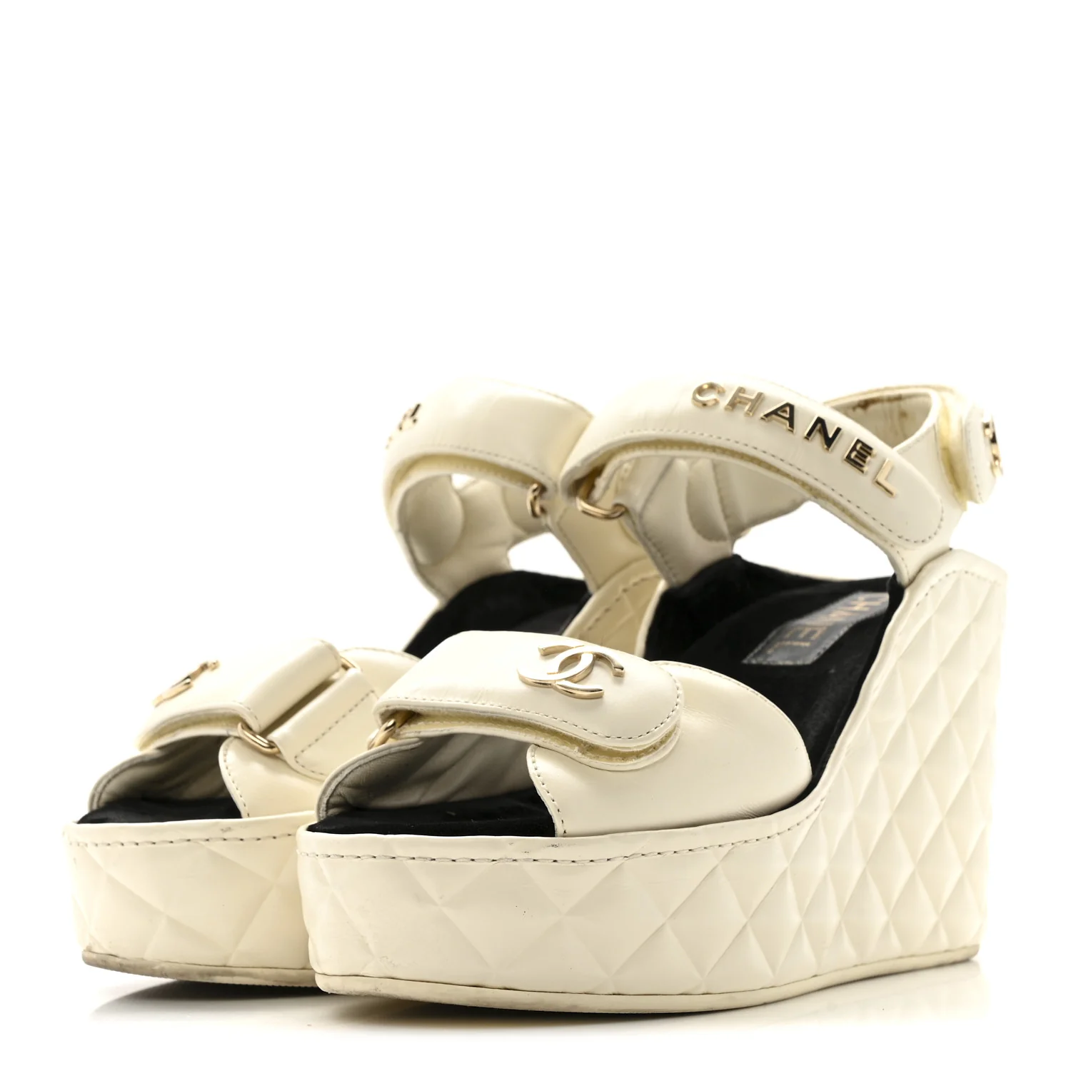 Shiny Calfskin Quilted Wedge Sandals 36 Ivory - Image 4
