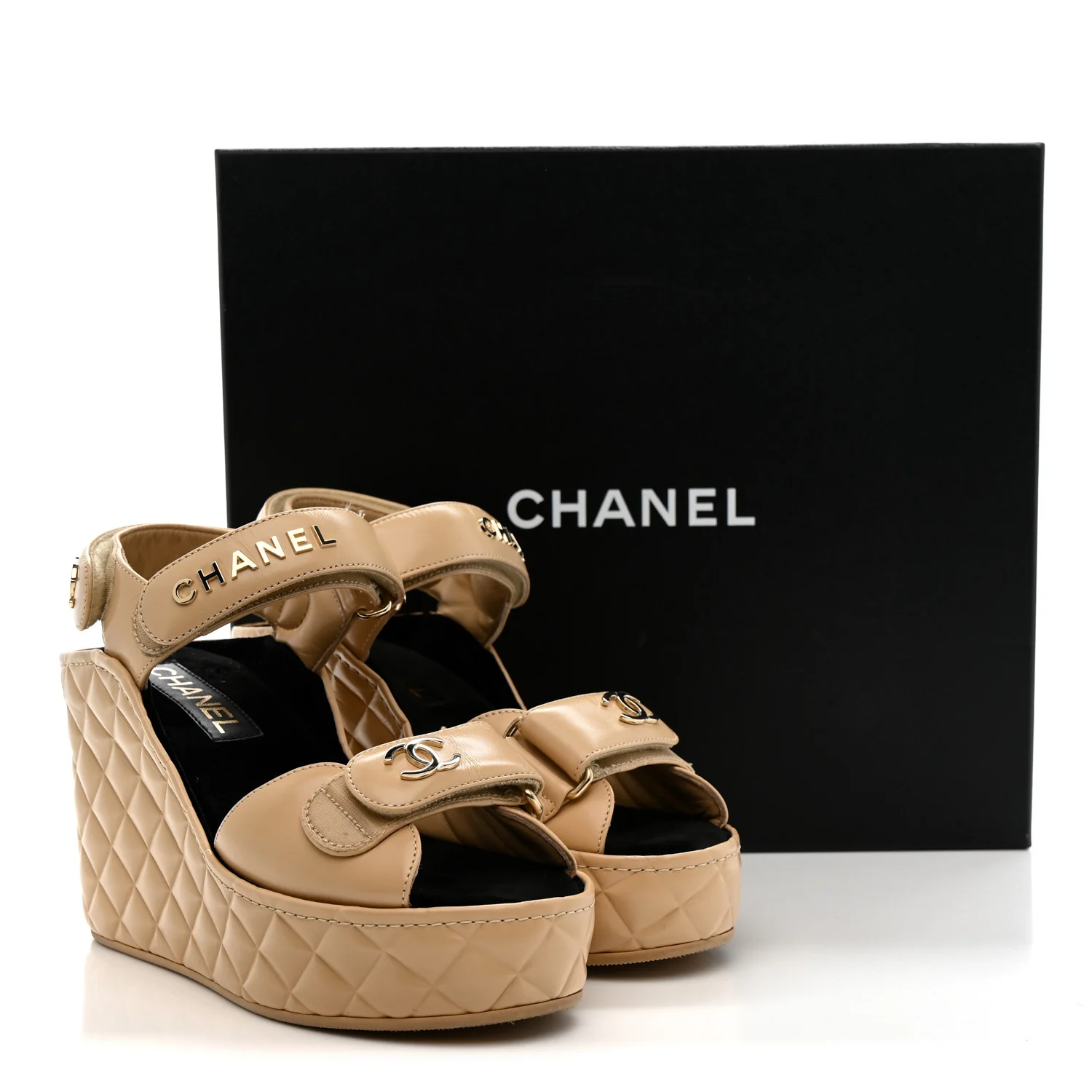 Shiny Calfskin Quilted Wedge Sandals 37 Beige - Image 12