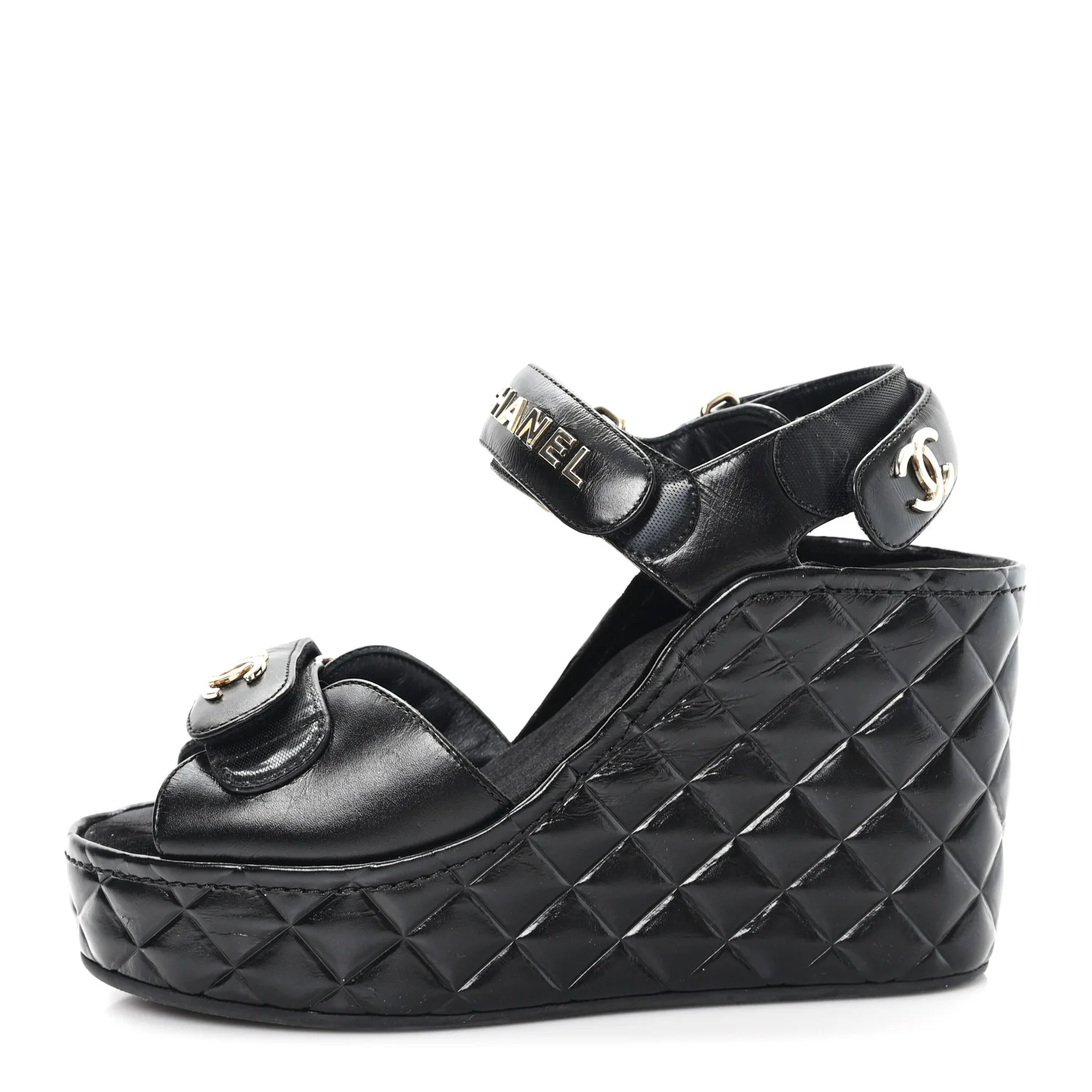 Shiny Calfskin Quilted Wedge Sandals 37 Black