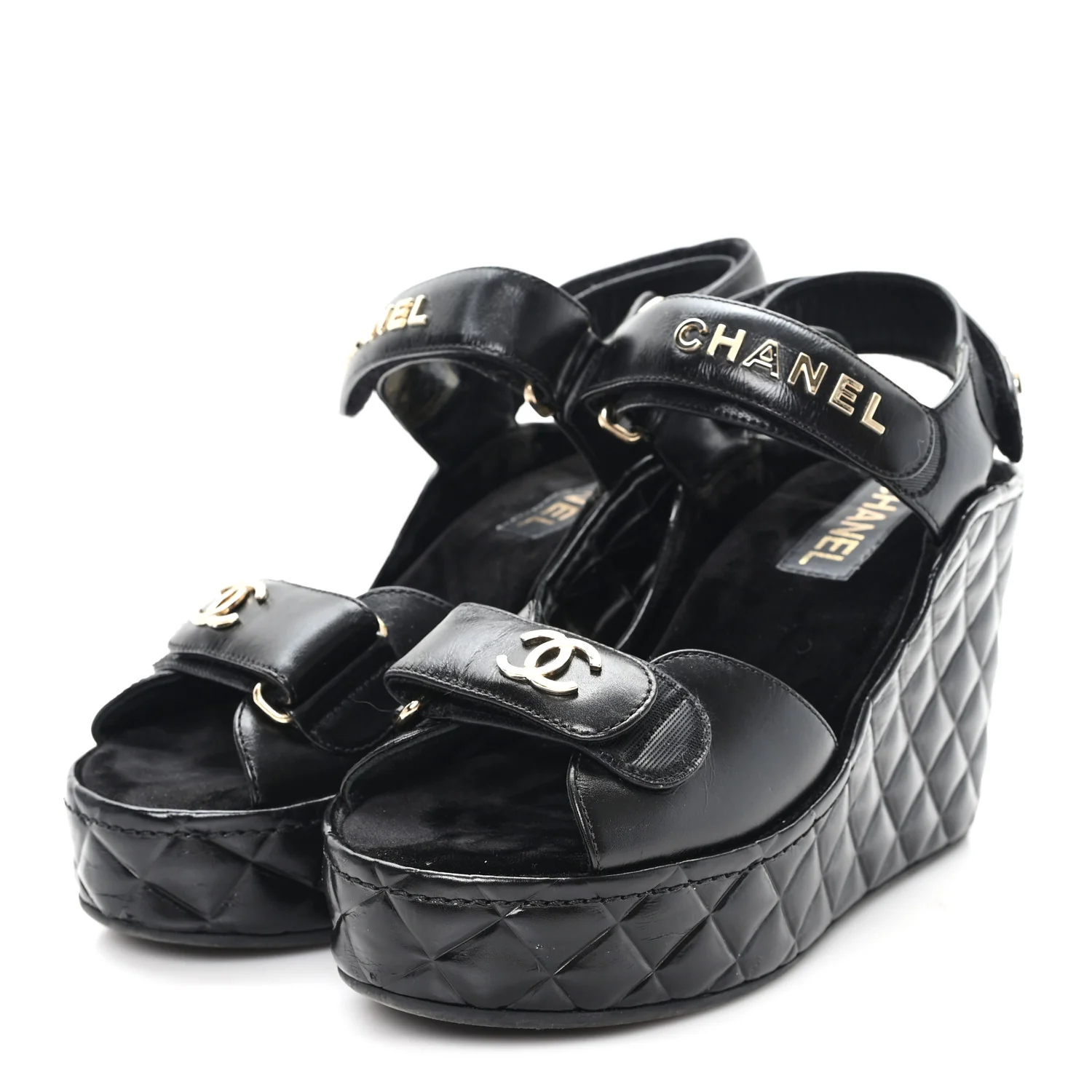 Shiny Calfskin Quilted Wedge Sandals 37 Black - Image 4