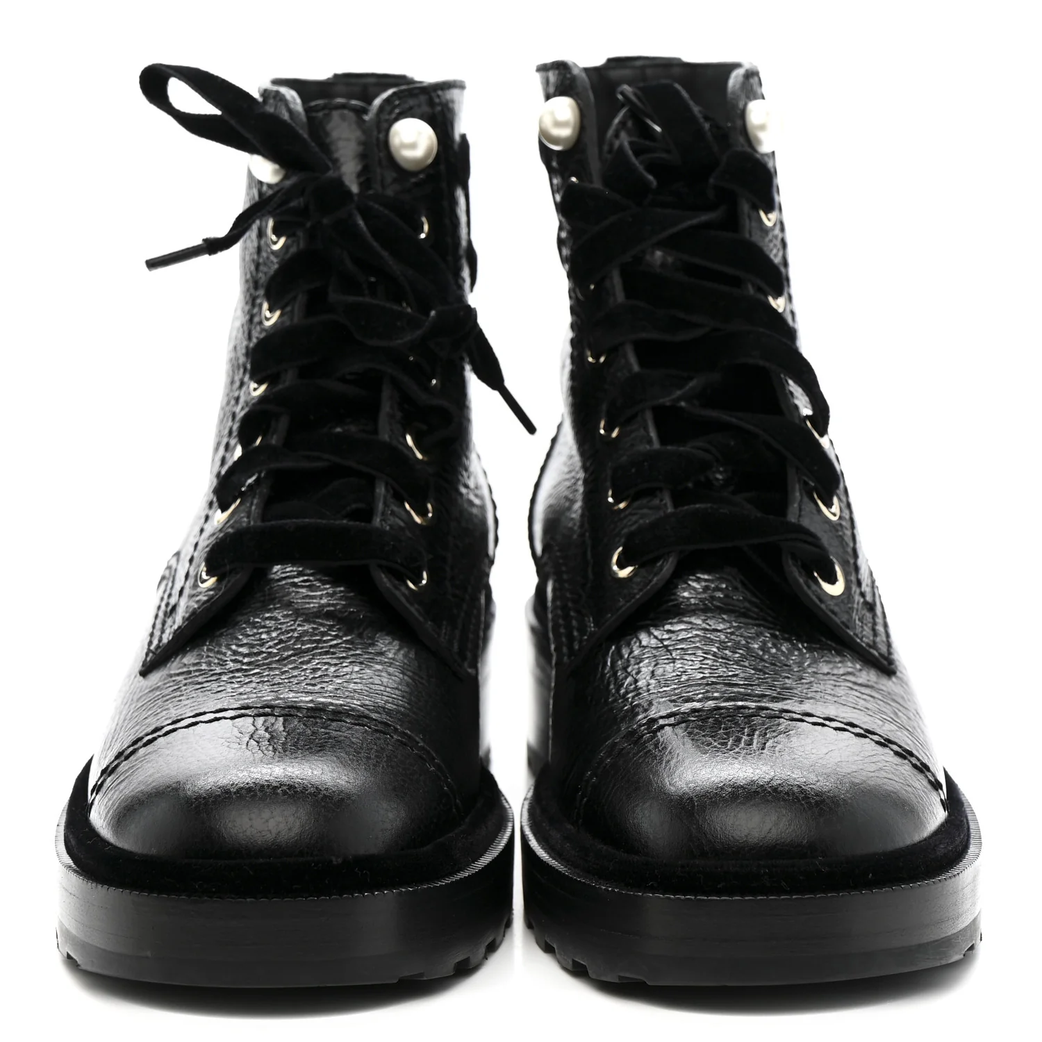 Shiny Calfskin Velvet Pearl Combat Short Boots 38 Black - Image 5