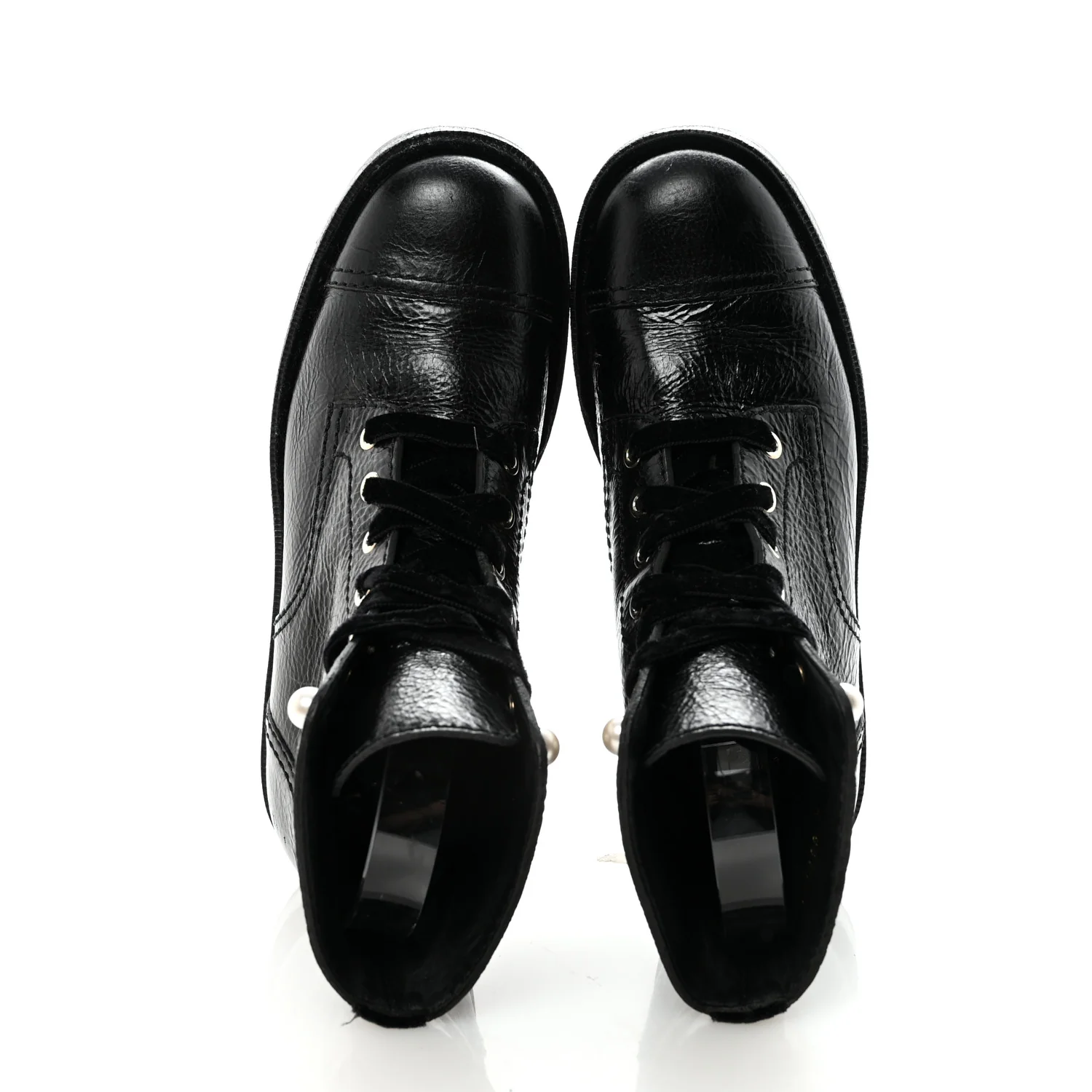 Shiny Calfskin Velvet Pearl Combat Short Boots 38.5 Black - Image 2
