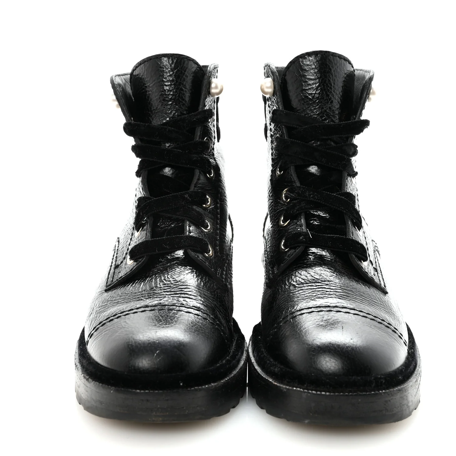 Shiny Calfskin Velvet Pearl Combat Short Boots 38.5 Black - Image 3
