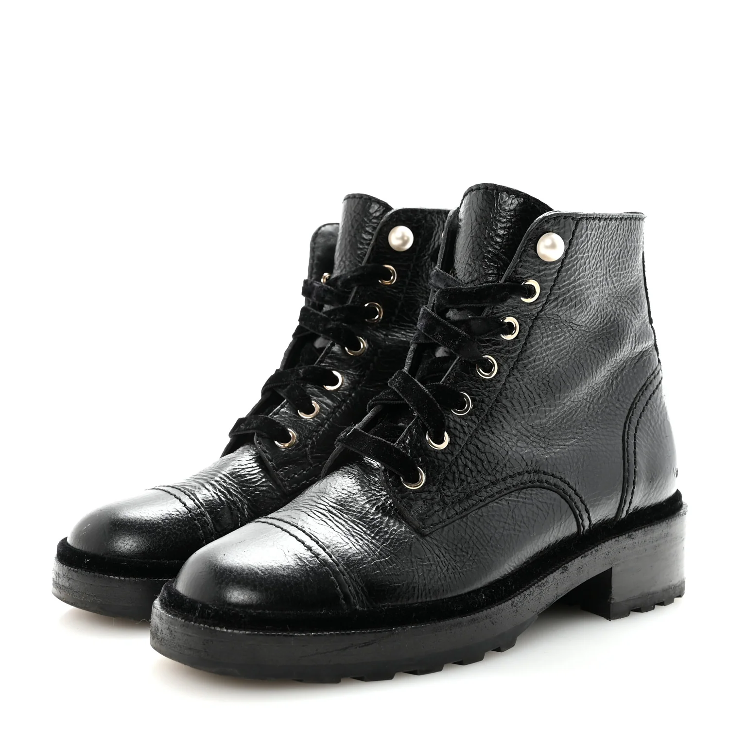 Shiny Calfskin Velvet Pearl Combat Short Boots 38.5 Black - Image 4