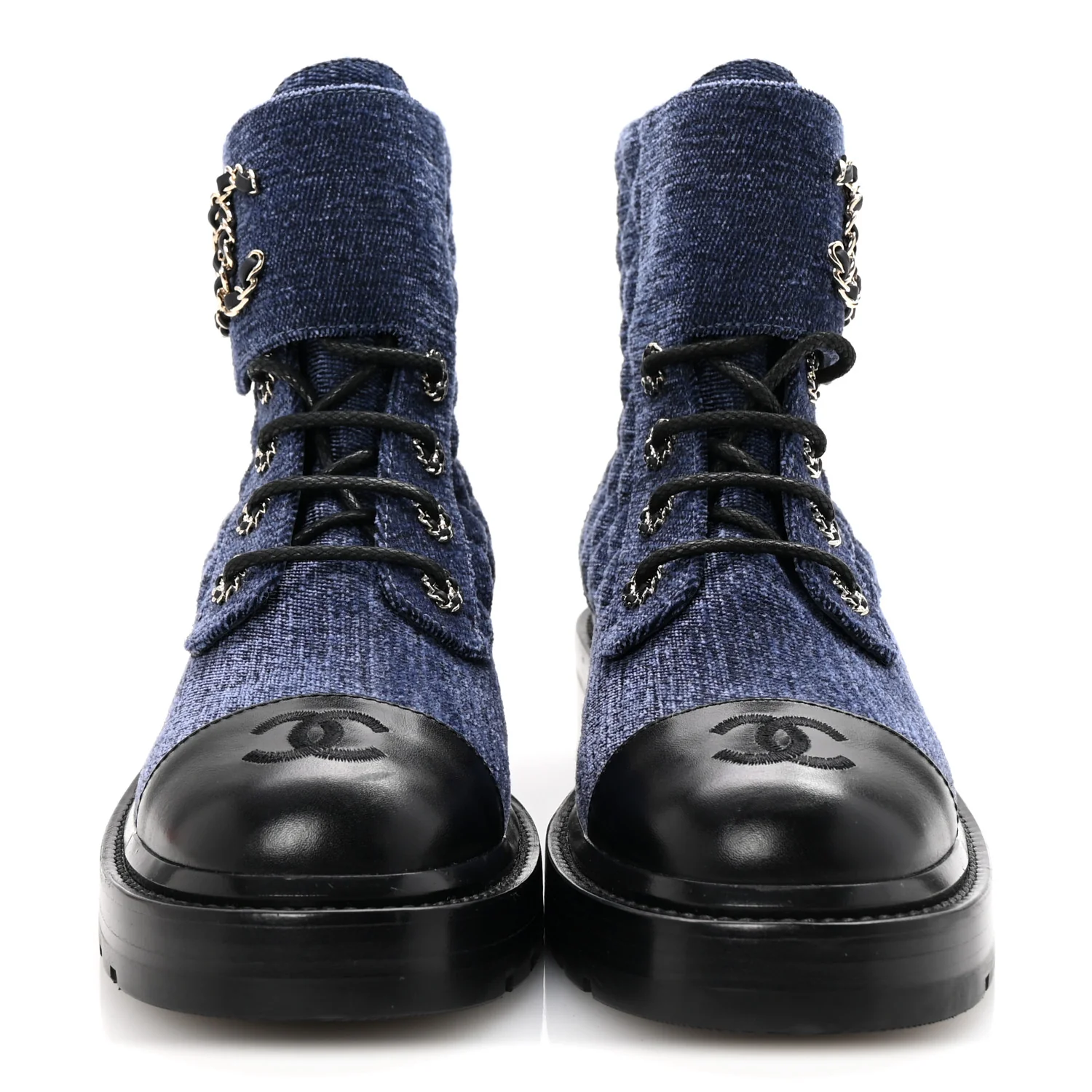 Shiny Calfskin Velvet Quilted Lace Up Combat Boots 38.5 Blue Black - Image 3