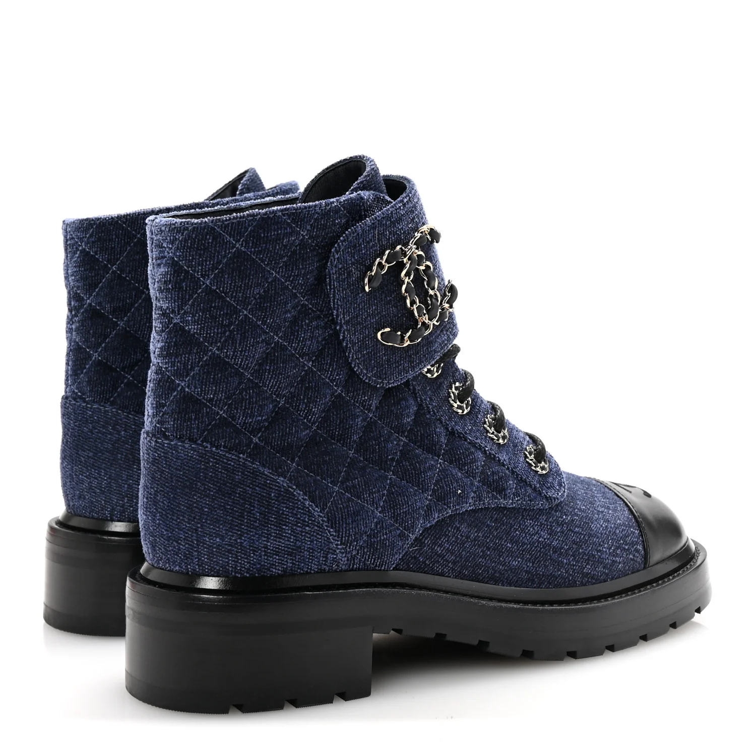 Shiny Calfskin Velvet Quilted Lace Up Combat Boots 38.5 Blue Black - Image 5