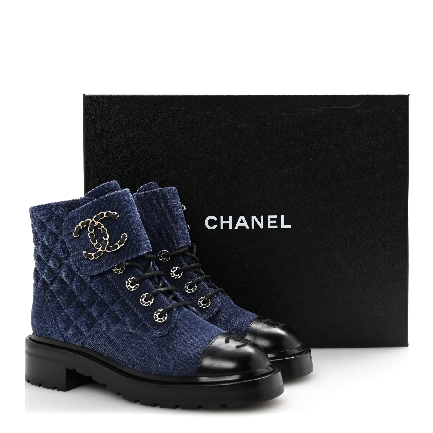 Shiny Calfskin Velvet Quilted Lace Up Combat Boots 38.5 Blue Black - Image 9