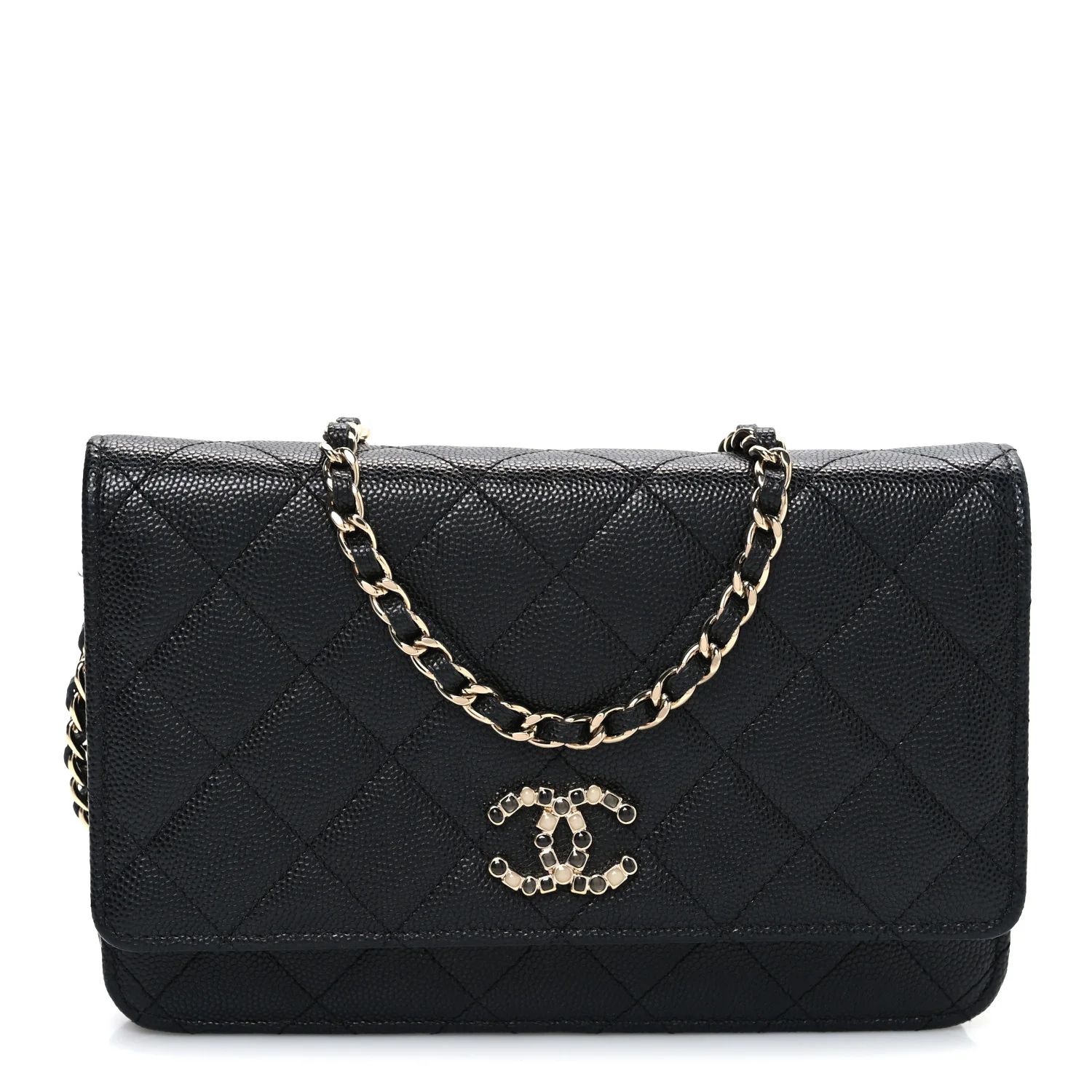 Shiny Caviar Enamel Quilted CC Wallet On Chain WOC Black