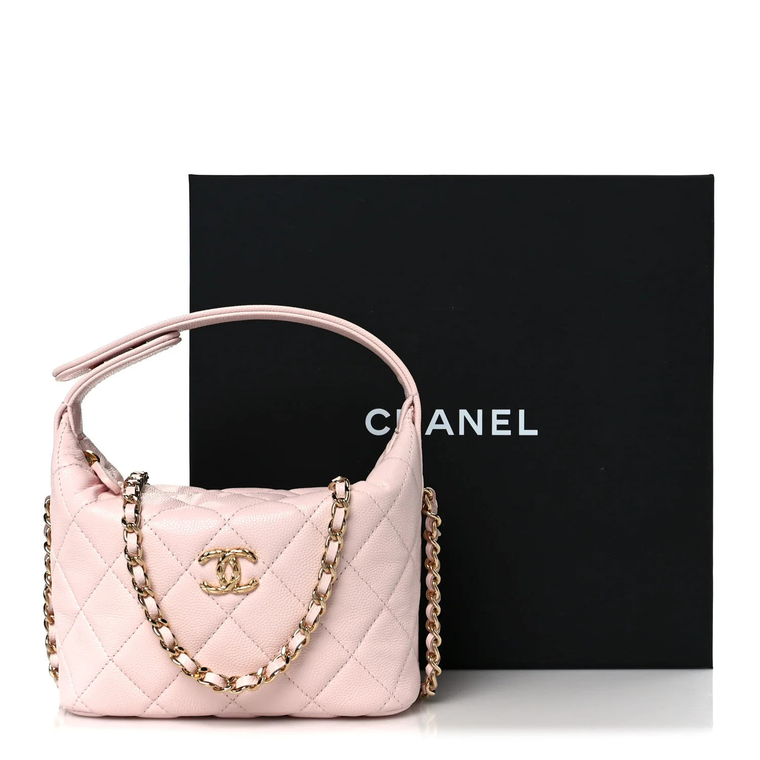 Shiny Caviar Hobo Clutch With Chain Light Pink - Image 11