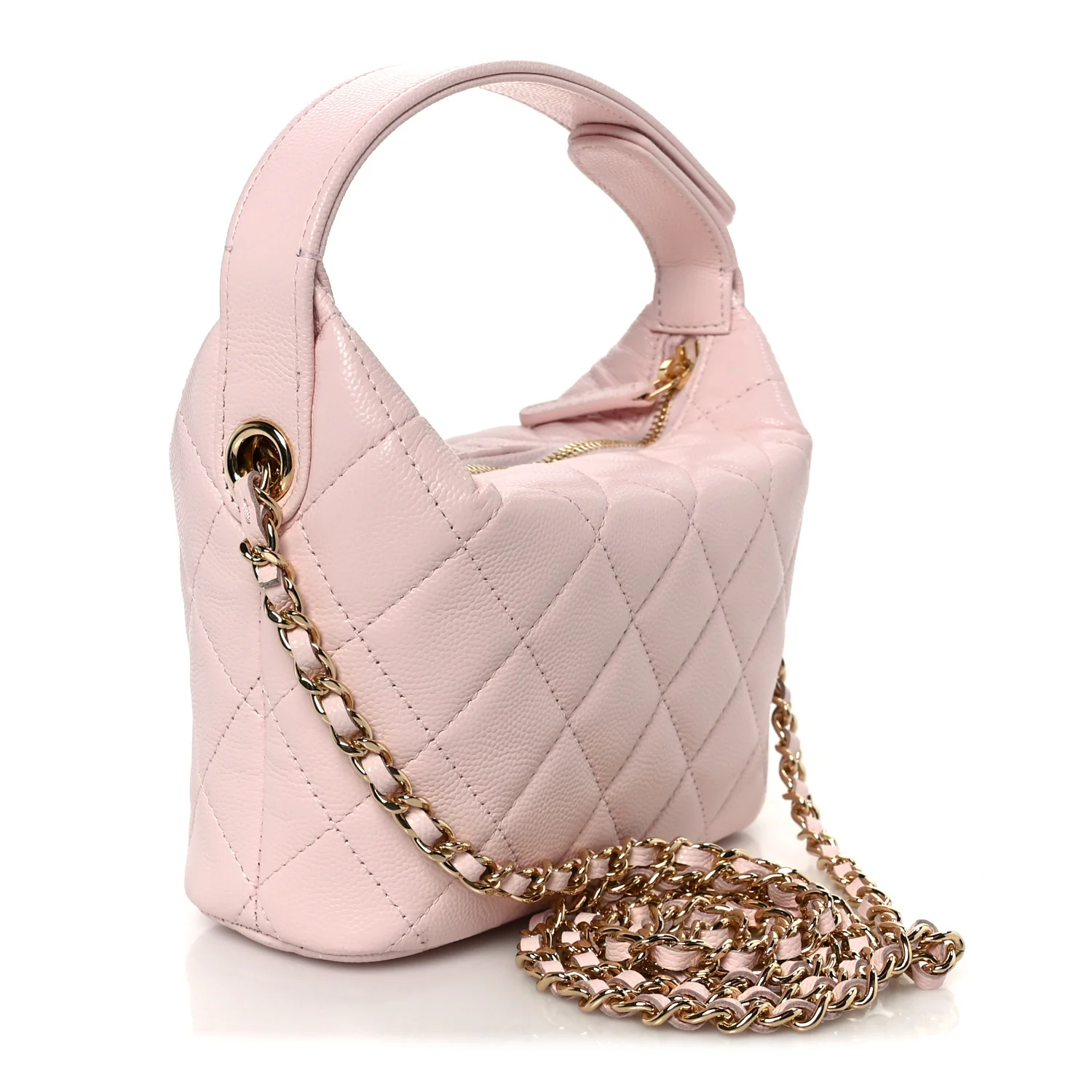 Shiny Caviar Hobo Clutch With Chain Light Pink - Image 3