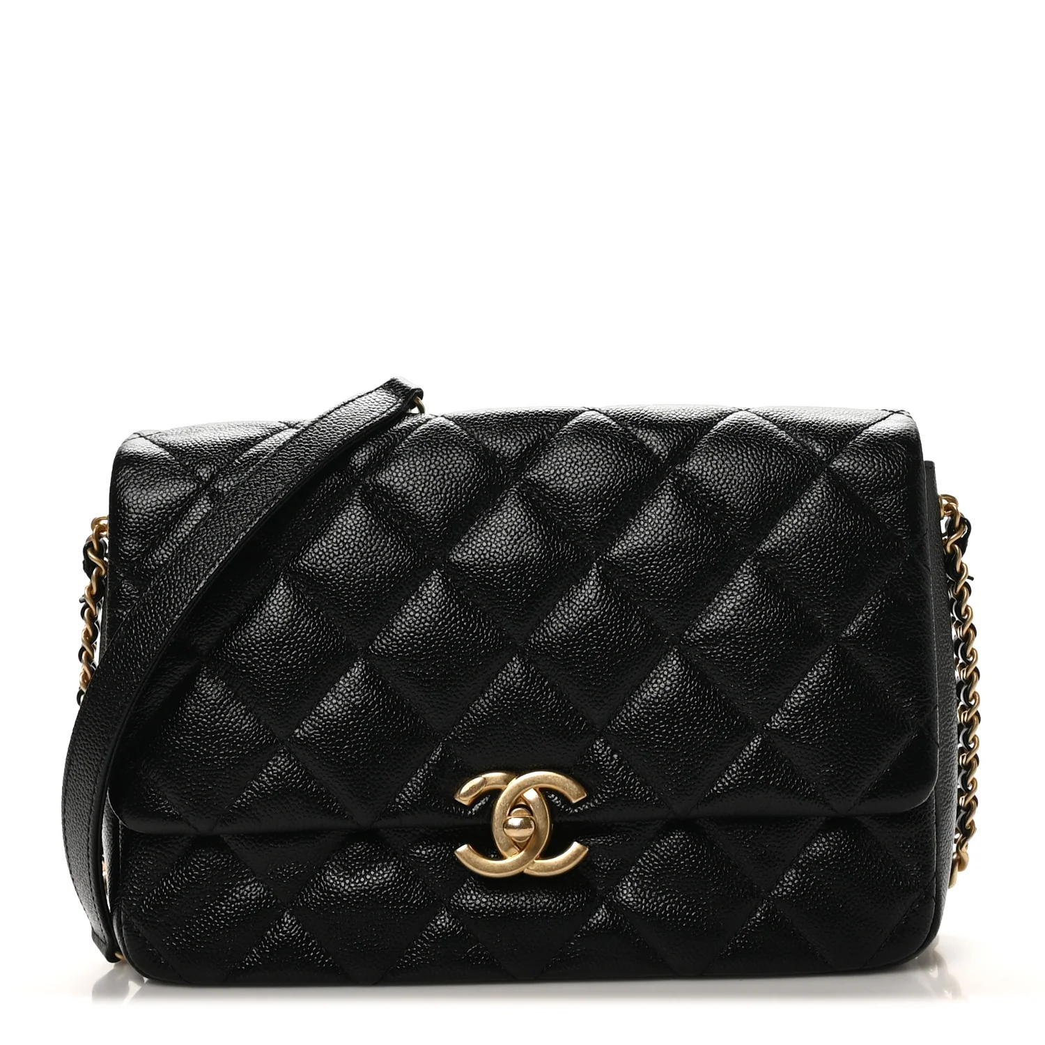 Shiny Caviar Quilted Large Chain Melody Flap Black