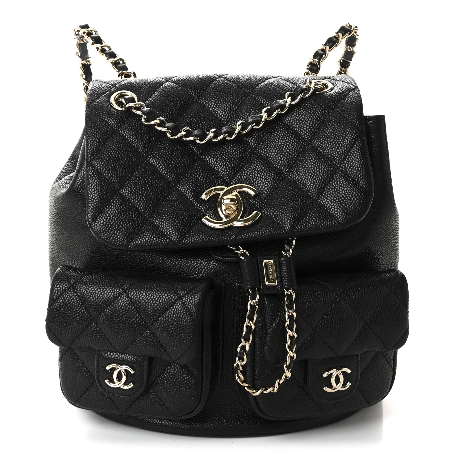 Shiny Caviar Quilted Medium Duma Pockets Drawstring Backpack Black