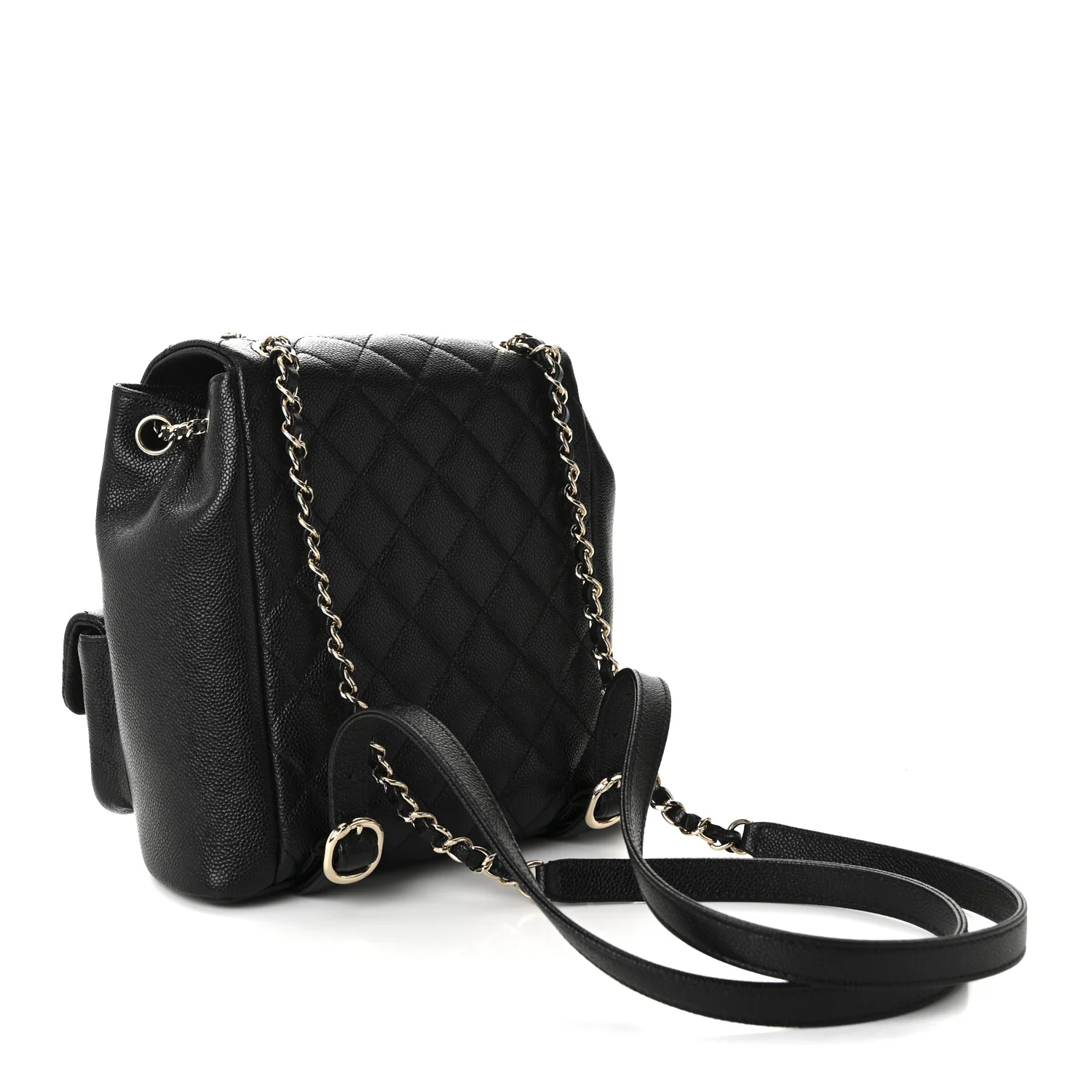 Shiny Caviar Quilted Medium Duma Pockets Drawstring Backpack Black - Image 3
