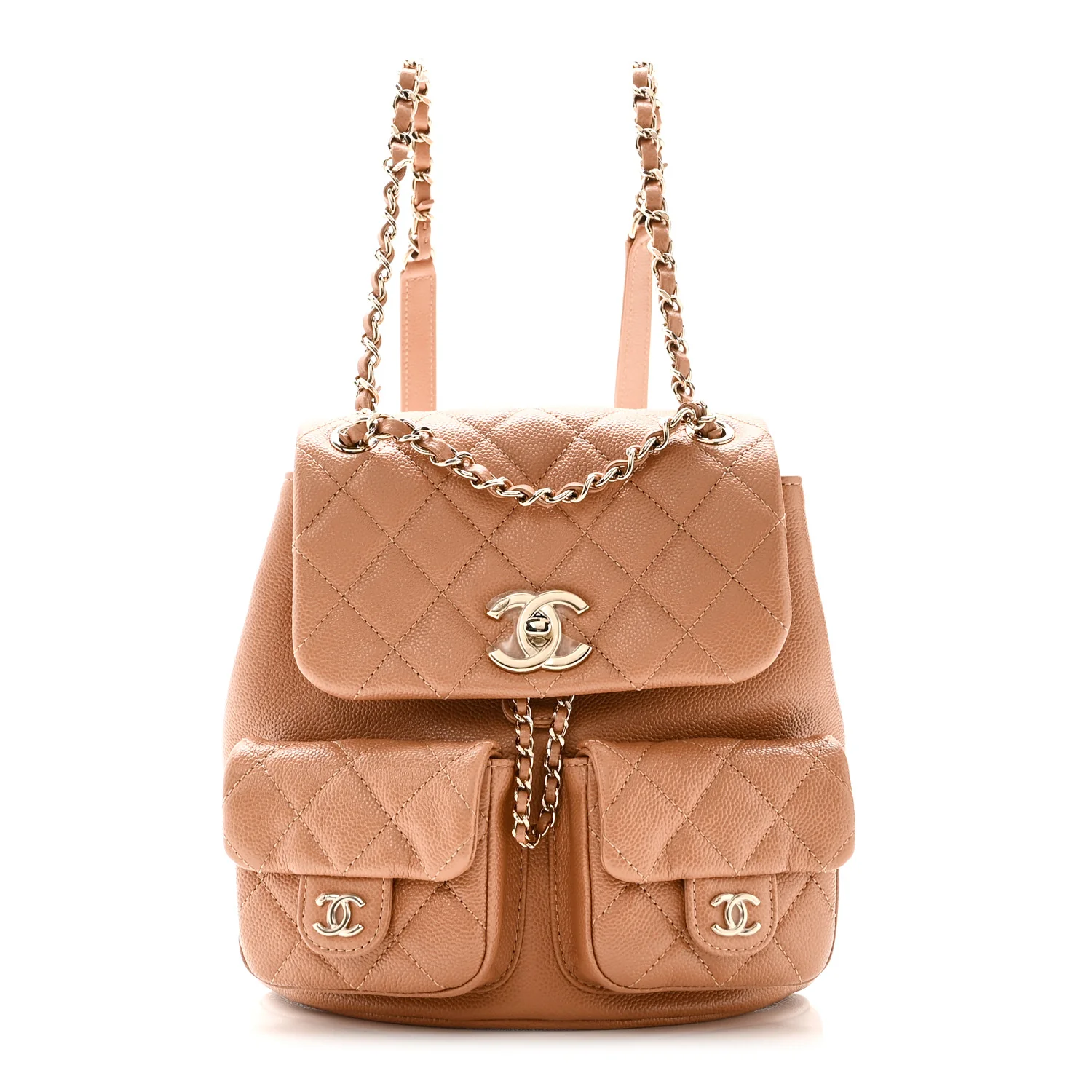 Shiny Caviar Quilted Medium Duma Pockets Drawstring Backpack Dark Beige