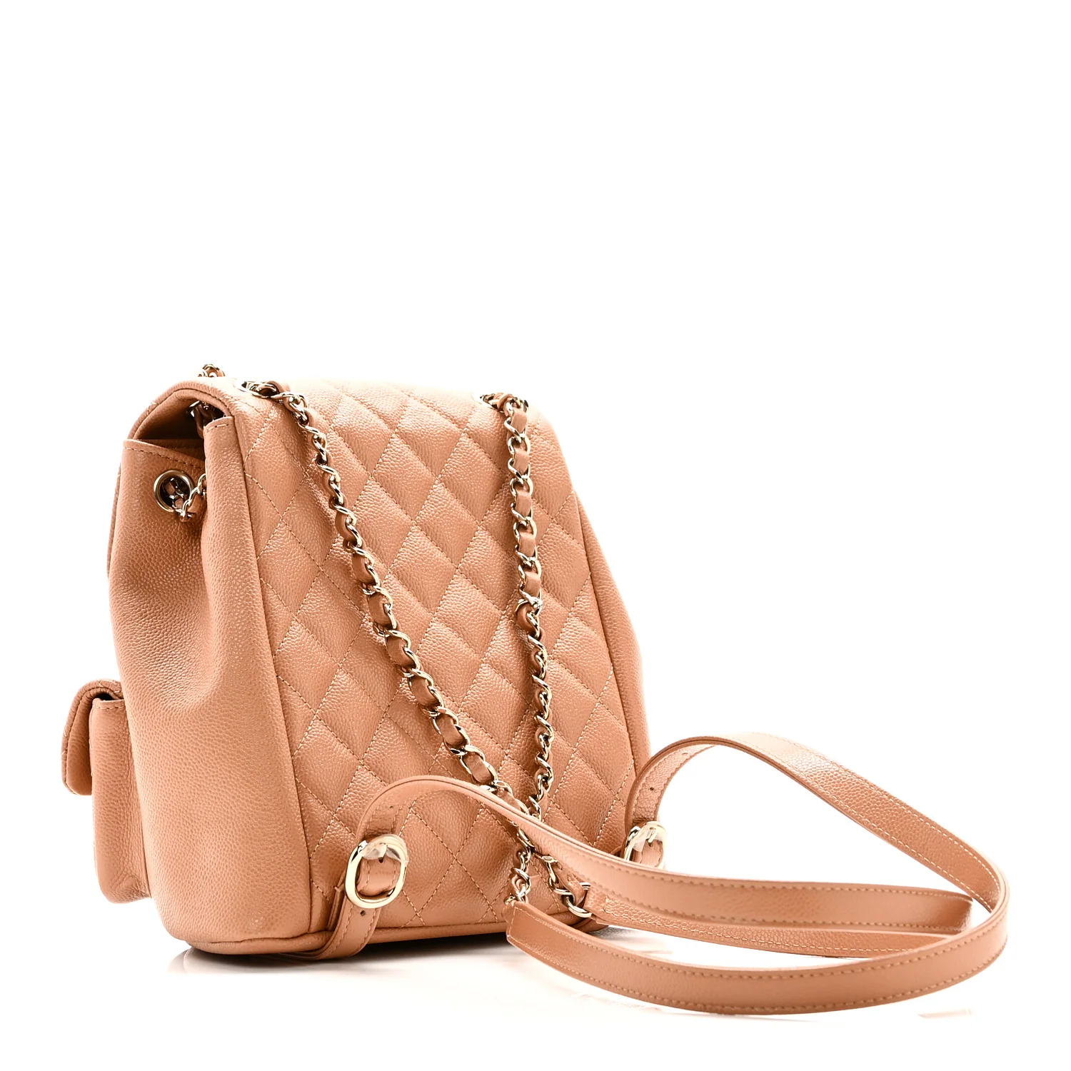 Shiny Caviar Quilted Medium Duma Pockets Drawstring Backpack Dark Beige - Image 3
