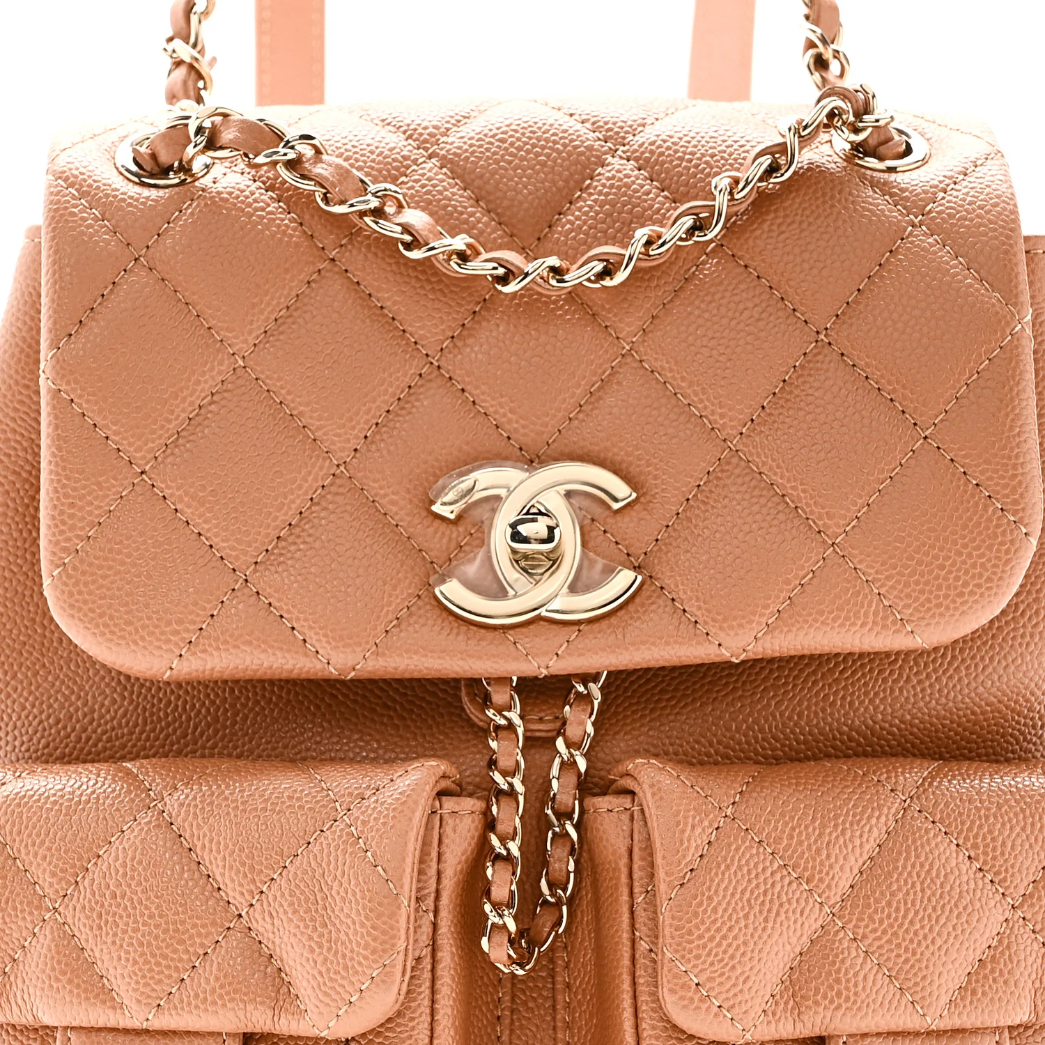 Shiny Caviar Quilted Medium Duma Pockets Drawstring Backpack Dark Beige - Image 8