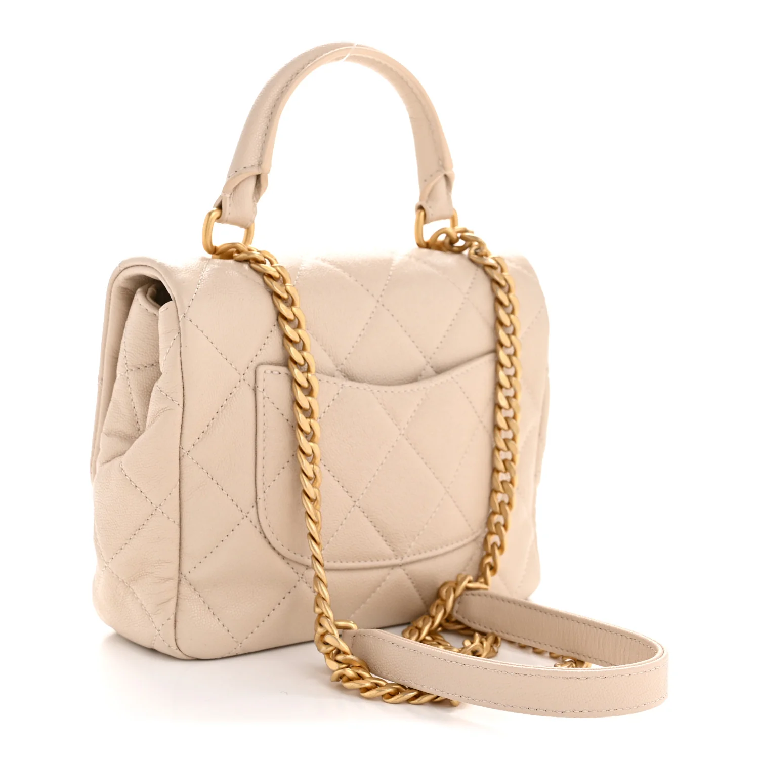 Shiny Caviar Quilted Mini Top Handle Flap Ecru - Image 3